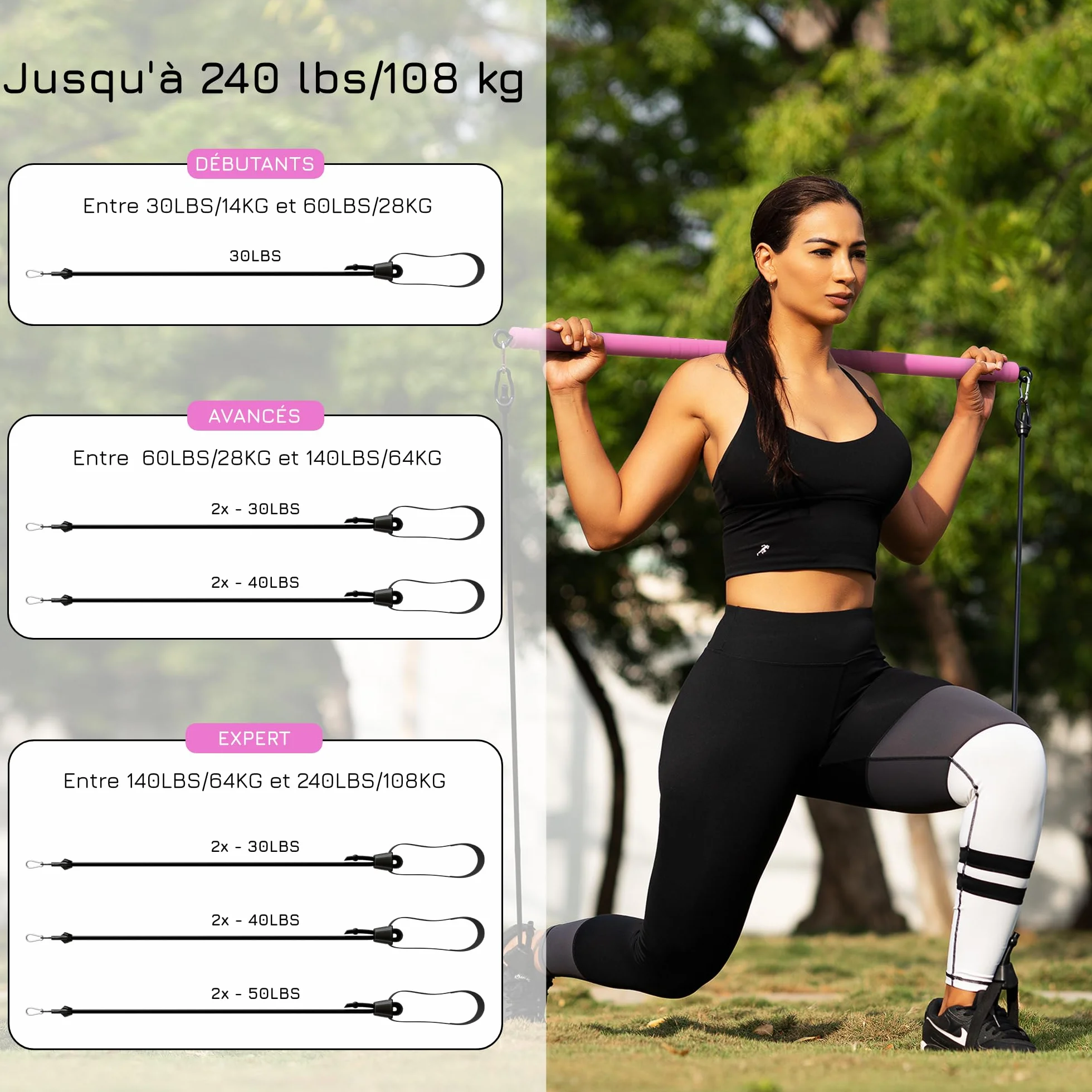 Breaking Limits Ensemble de Barres de Pilates Réglable avec 6 Bandes de Résistance pour Entraînement Complet du Corps