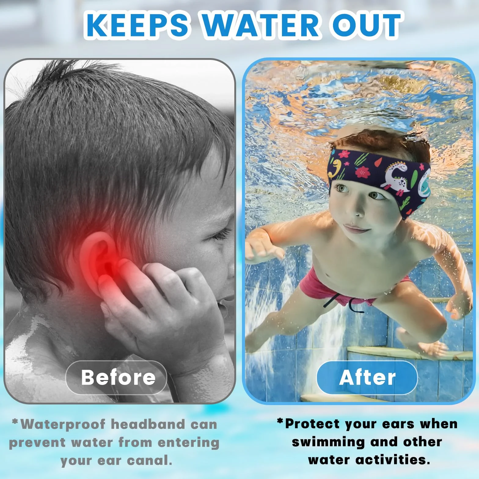 Bandeau de Natation Enfant Élastique avec Bouchons d'Oreille Protection Rose Bonbon L