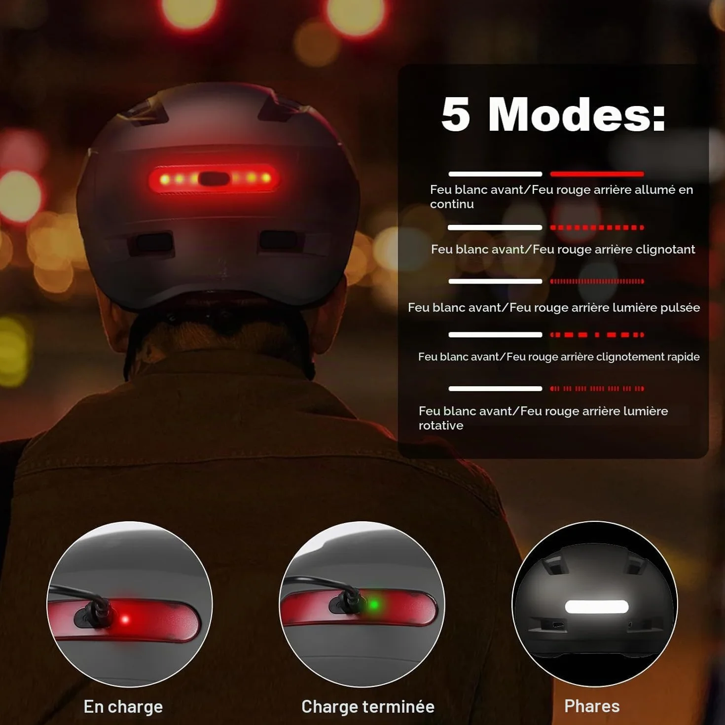 KINGLEAD Casque de vélo léger avec lumière LED avant et arrière 5 modes cyclisme trekking