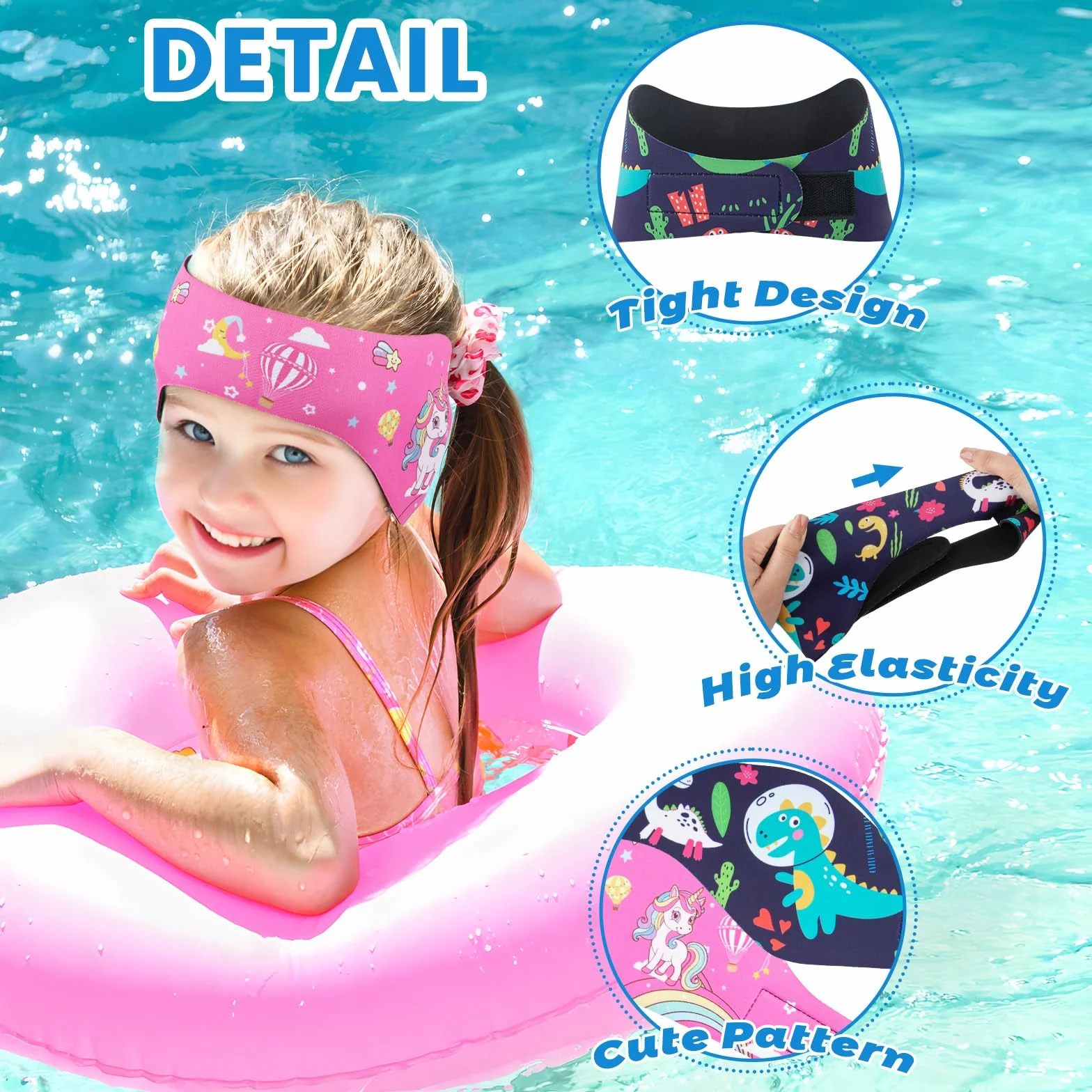 Bandeau de Natation Enfant Élastique avec Bouchons d'Oreille Protection Rose Bonbon L