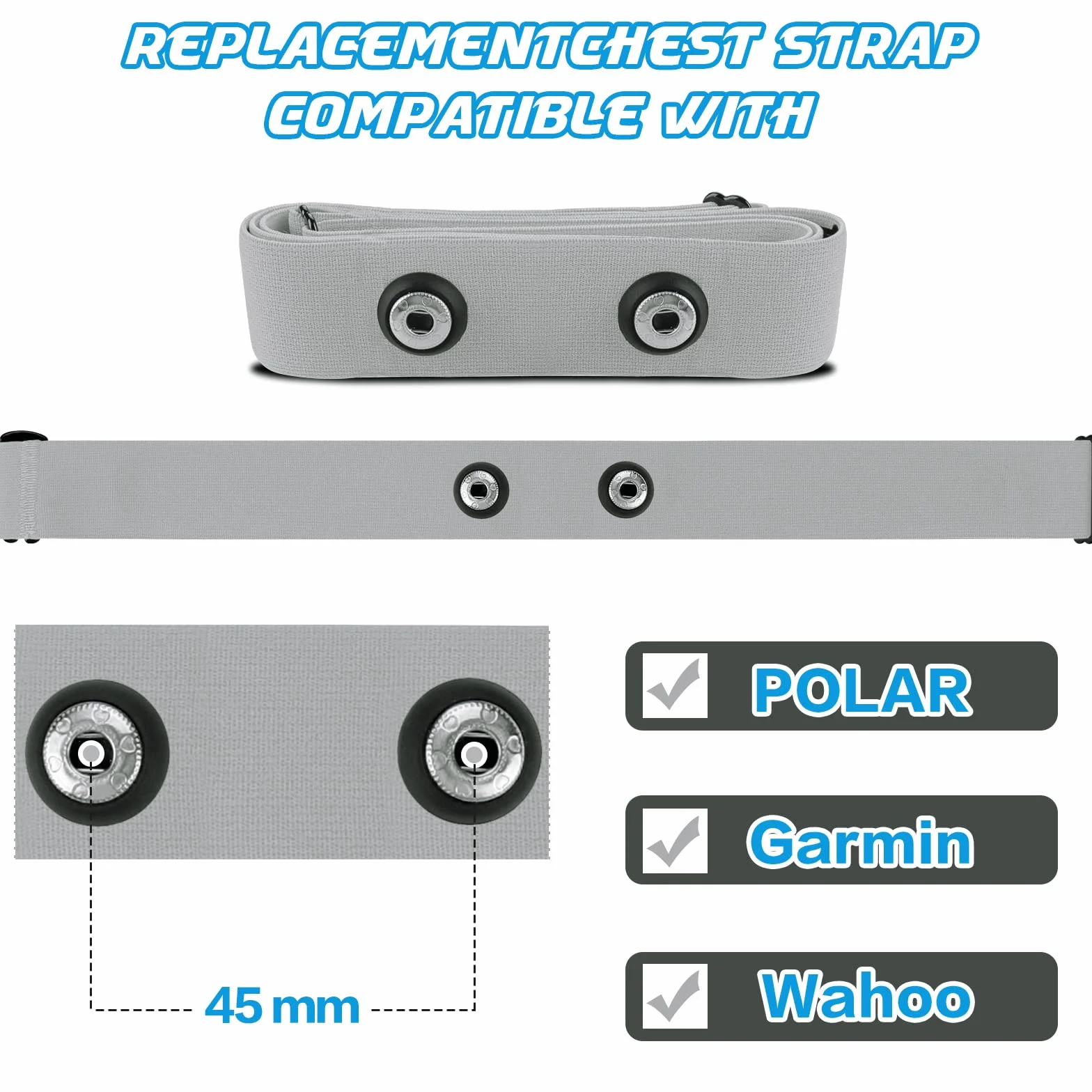Ceinture Cardio de Remplacement Élastique Sangle de Poitrine pour Garmin, Wahoo Moniteur de Fréquence Cardiaque (Gris)