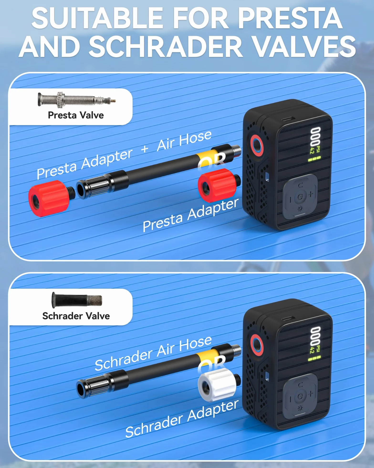 Pompe À Vélo Électrique Auto-Off Lumière LED pour Vélos Électriques VTT Ville Course Valves Presta Schrader