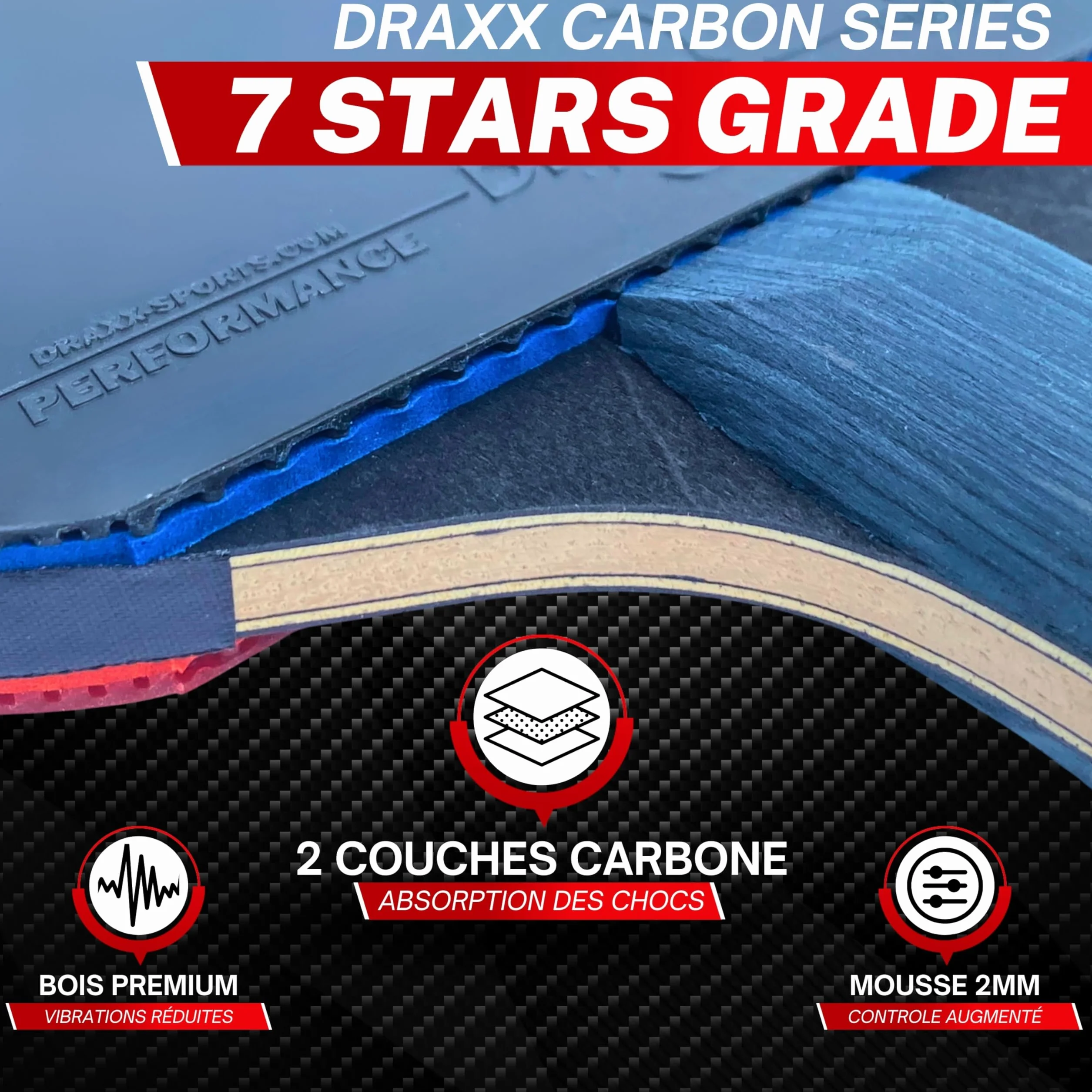 Raquette de Ping Pong 7 Étoiles Carbone Pro Ultra-Légère Éponge 2mm Housse Offerte