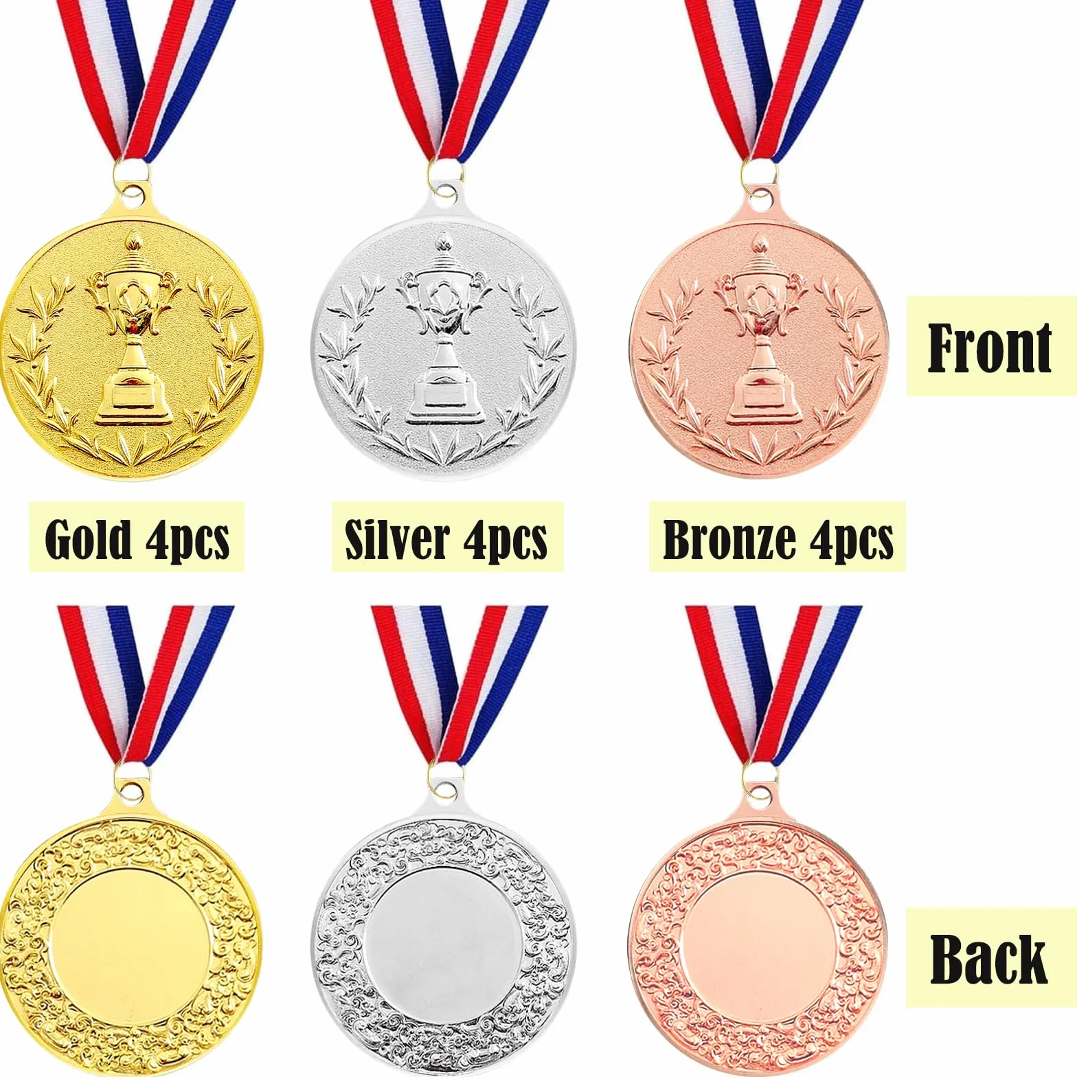 Médaille de Récompense 12 Pièces Or Argent Bronze avec Rubans de Cou Diamètre 5,0 cm