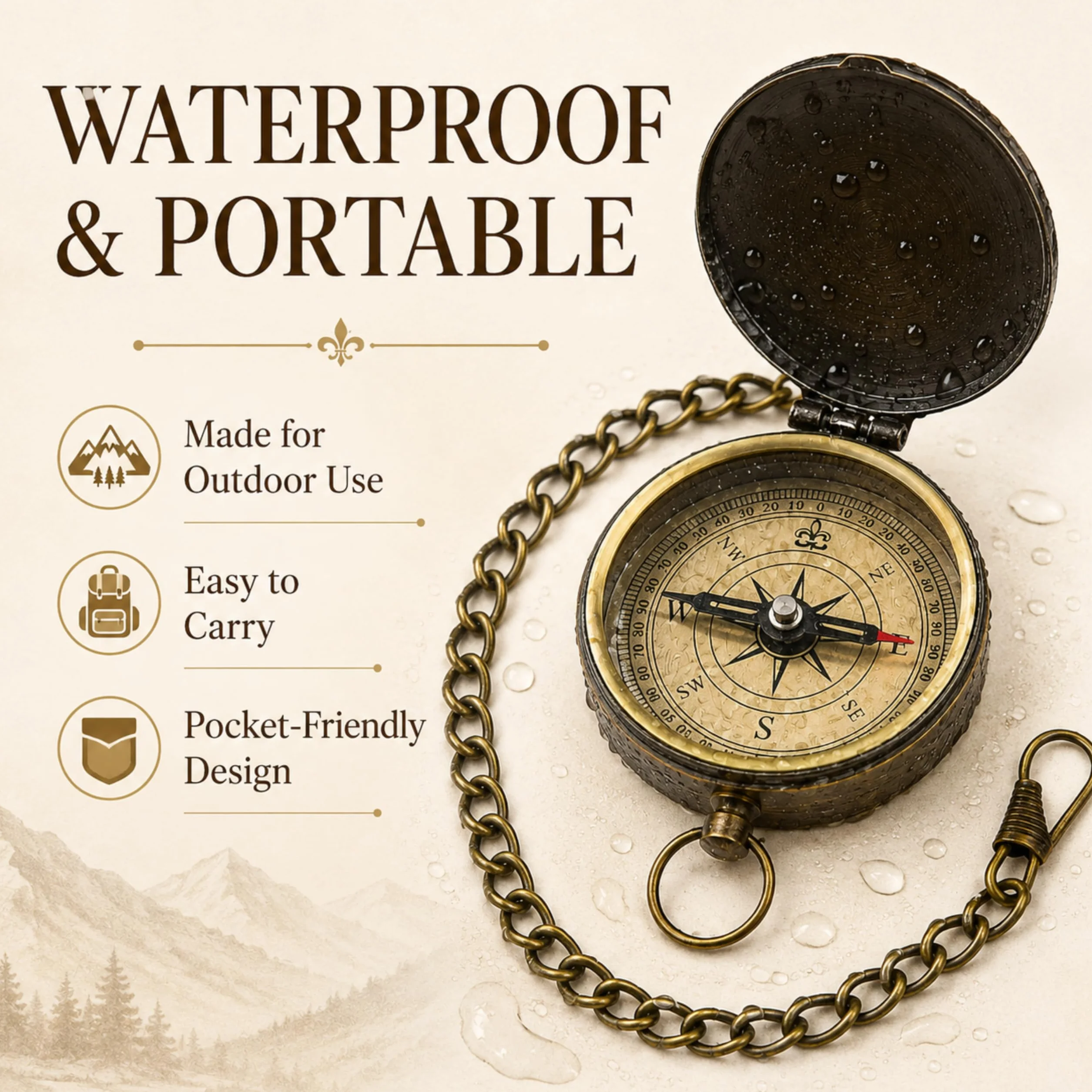 Boussole de poche en laiton antique nautique étanche avec chaîne 37 cm