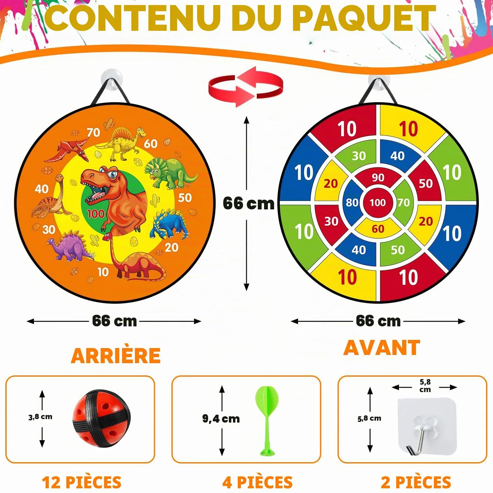 Jeu de Fléchettes Double Face Dinosaures Pliable 66 cm avec 12 Balles Collantes 6 Fléchettes 2 Crochets