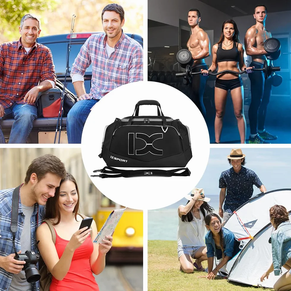 INOXTO Sac de Voyage Pliable Grand avec Poche Humide et Sèche, Compartiment à Chaussures, Week-end Camping, Noir et Blanc