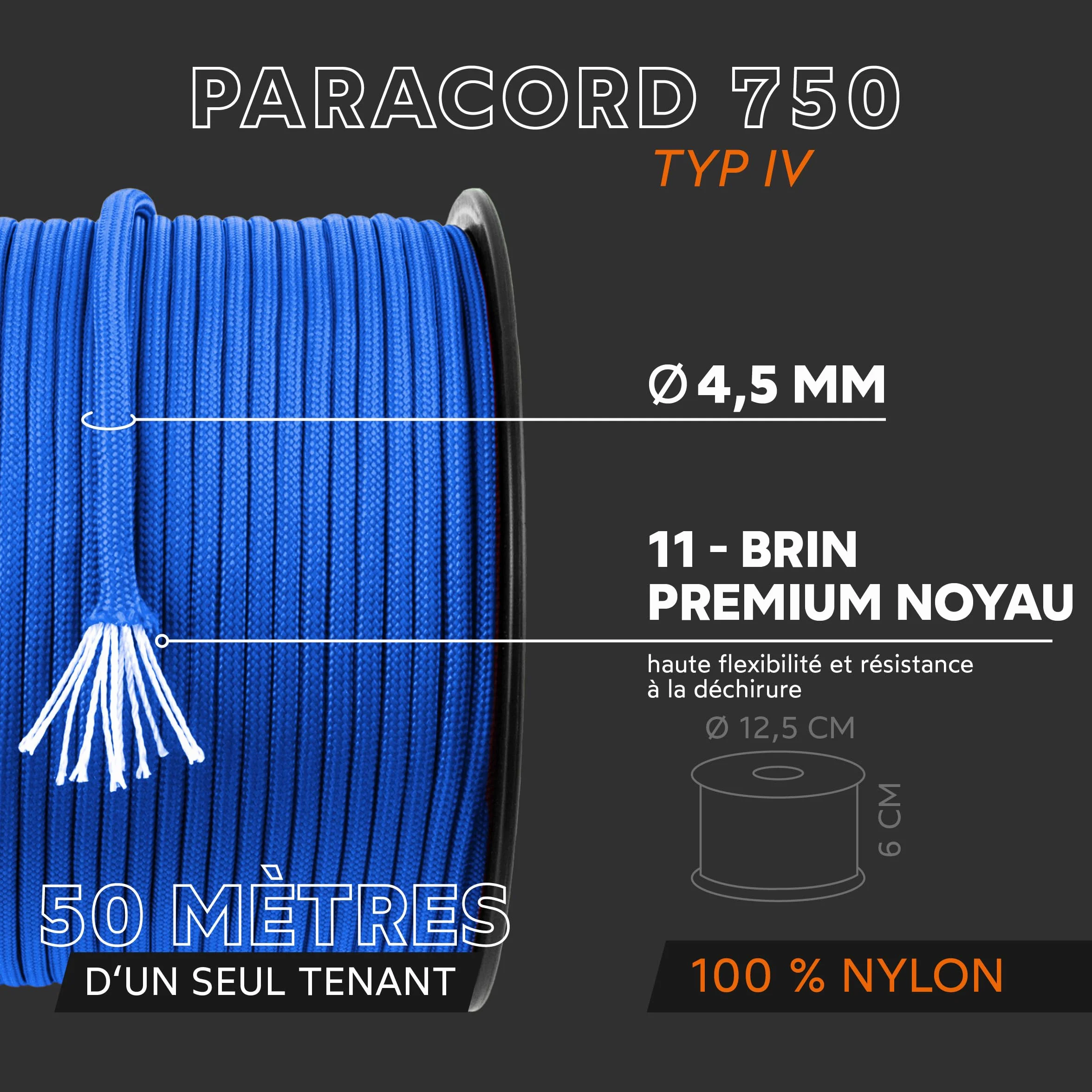 GO!elements Paracord 750 Type IV Corde en Nylon ø 4,5 mm 11 brins 340 KG Survie Camping