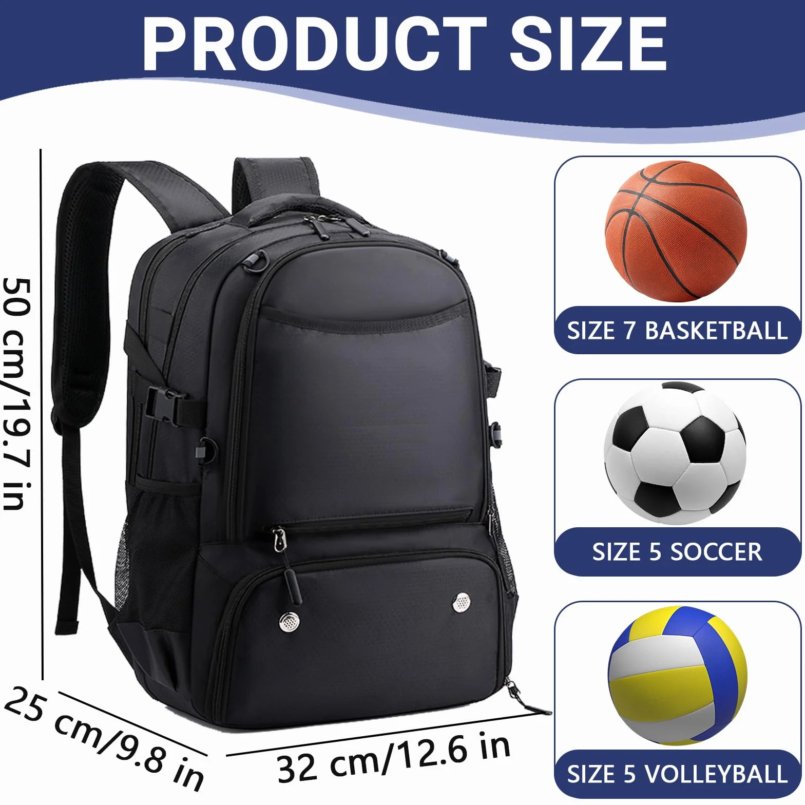 Sac à dos de basket-ball 40L avec compartiment pour ballon et chaussures, léger et respirant