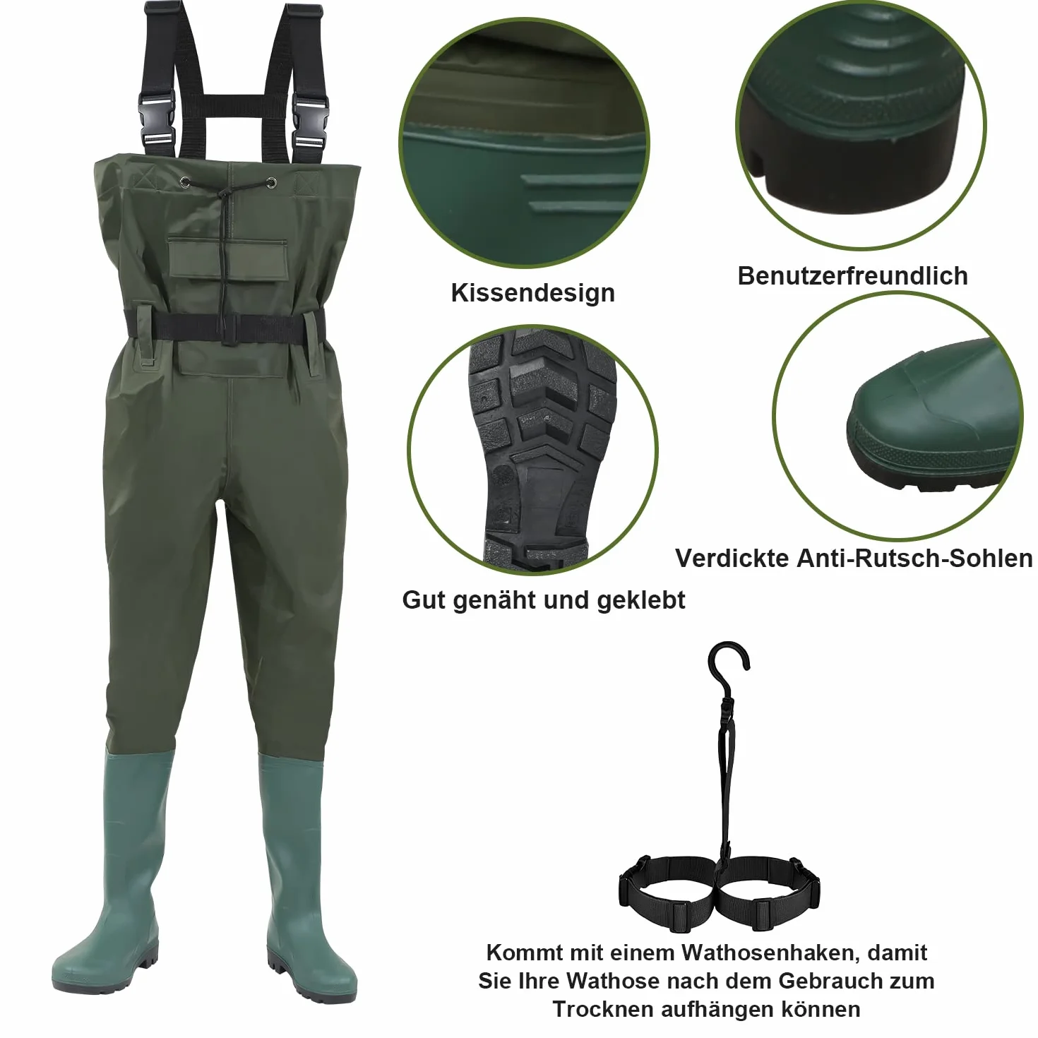 Waders étanches 70D Nylon Composite PVC Pantalon de pêche avec Bottes Caoutchouc antidérapantes