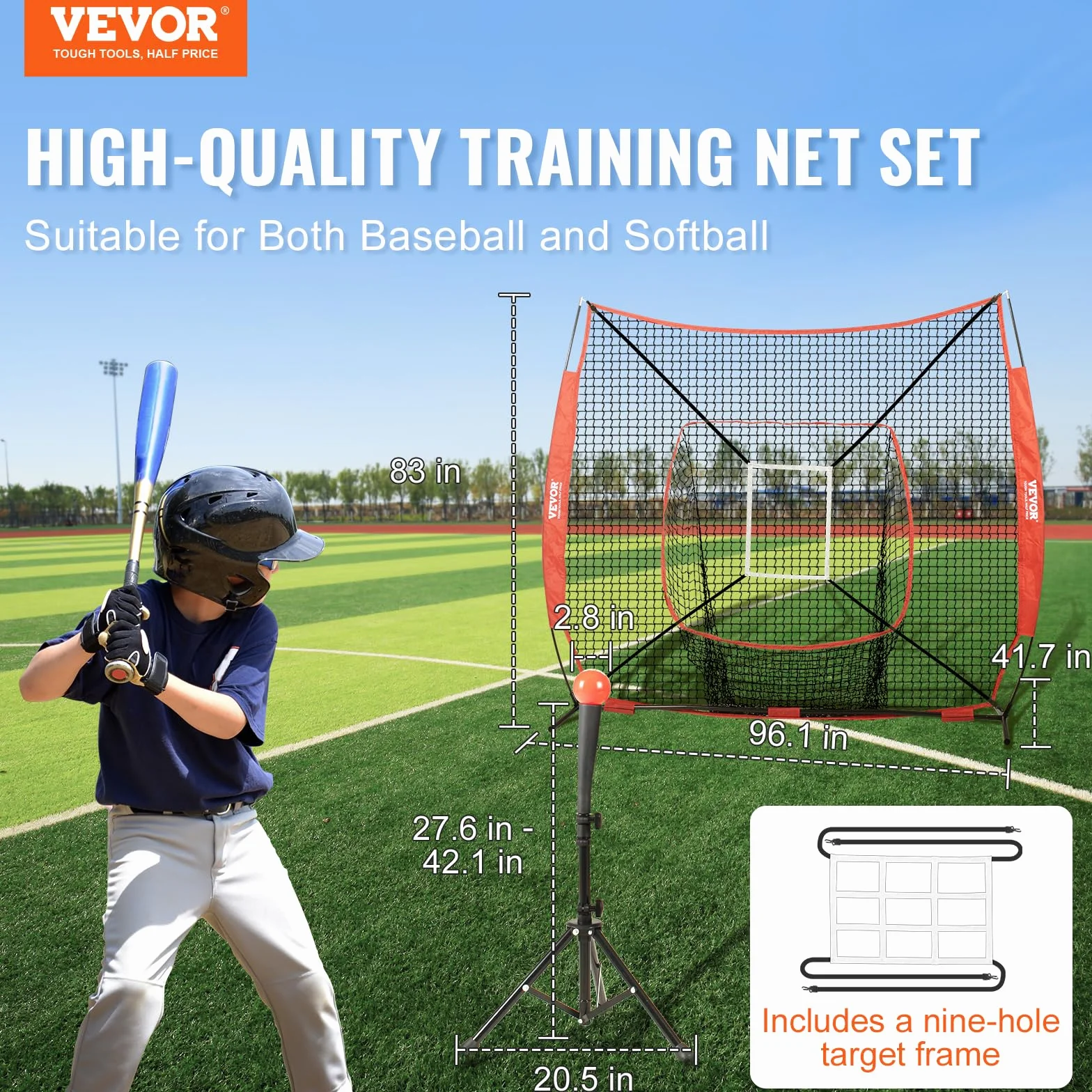 VEVOR Filet d'entraînement de baseball et softball portable avec cadre d'arc, sac de transport, zone de frappe