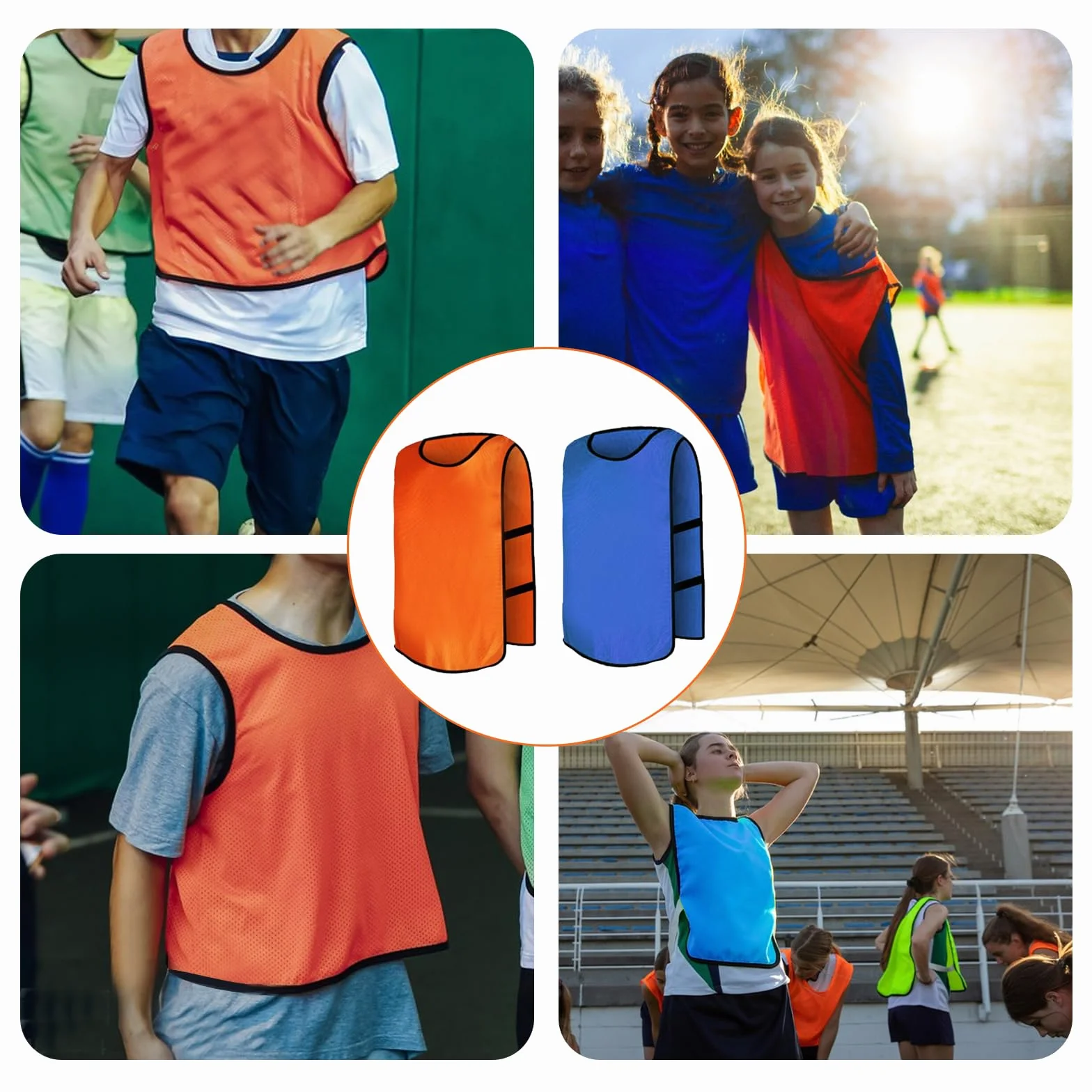 Lot de 10 gilets d'entraînement de football réversibles orange/bleu pour enfants, jeunes et adultes