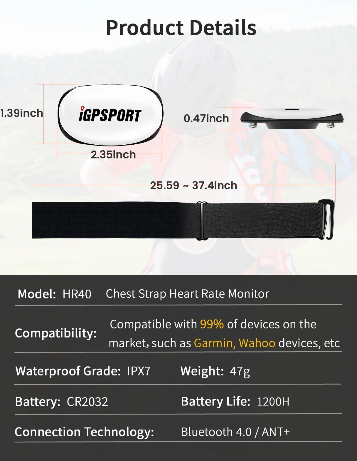 iGPSPORT HR40 Capteur de Fréquence Cardiaque IPX7 BLE/ANT+ 1200 Heures Cyclisme Jogging