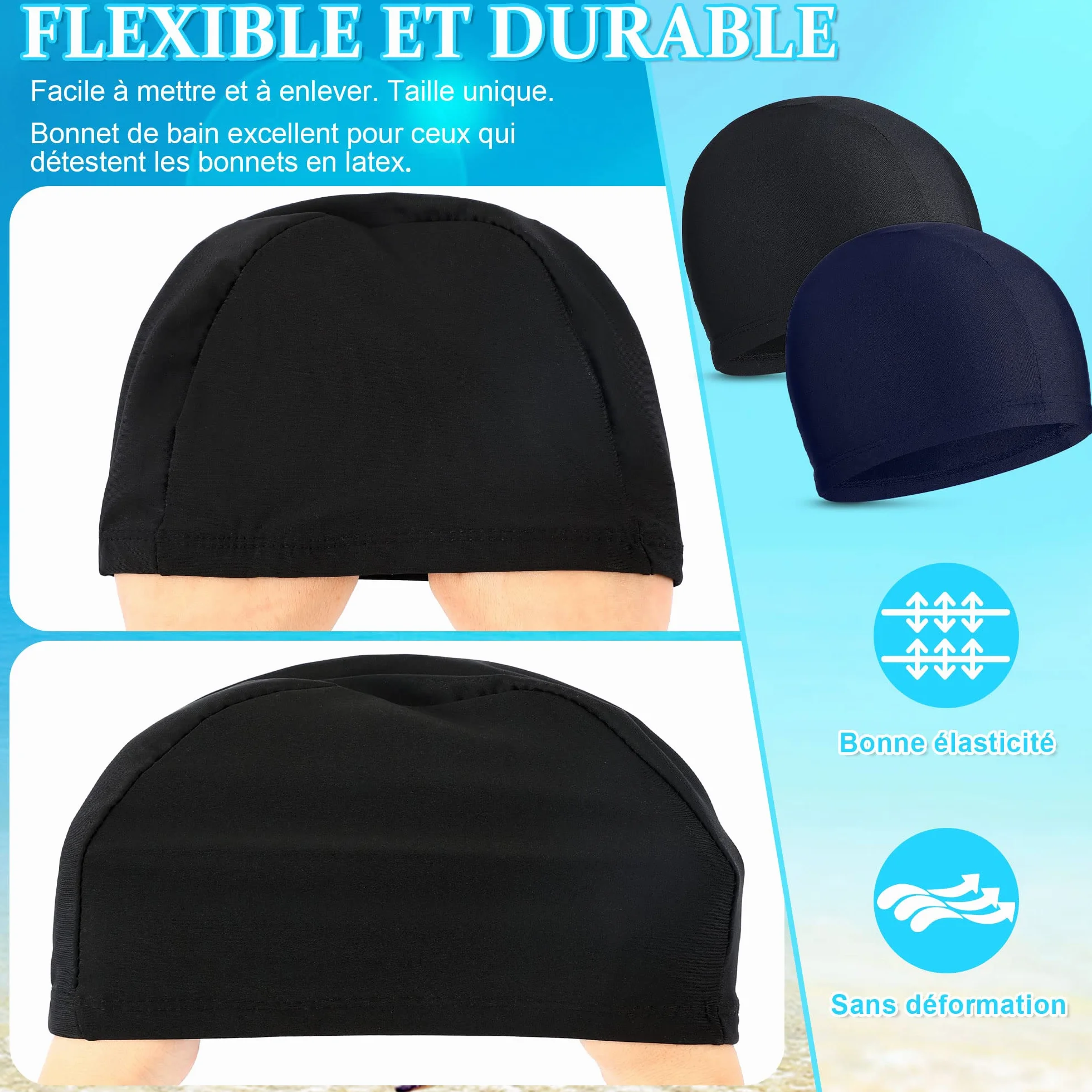Bonnets de Bain Élastiques en Tissu Confortable pour Natation Femmes Hommes Enfants