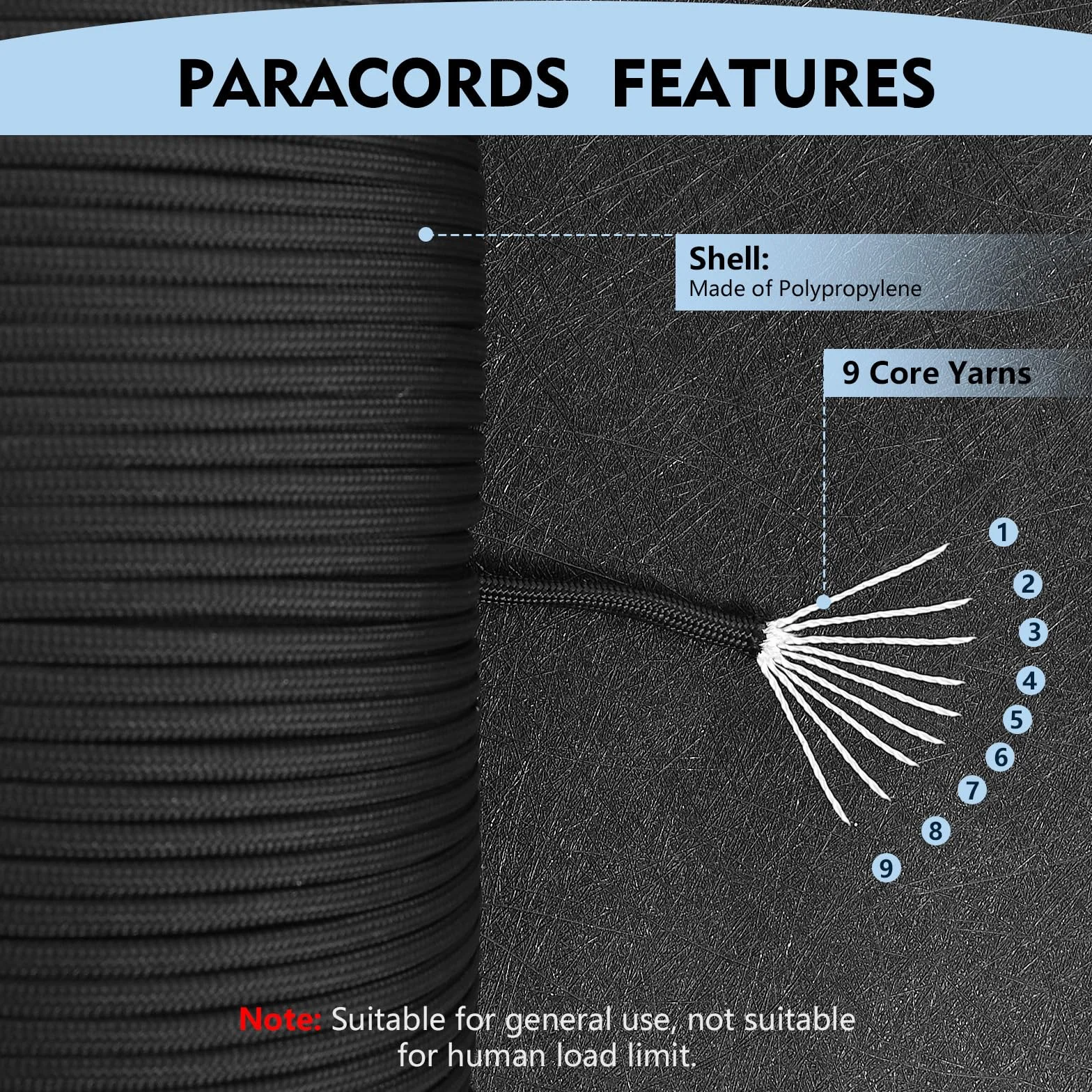 Romon Paracorde 4mm 550 9 Brins Nylon Tente Rope Survie Extérieur 250kg Charge Rupture Noir 50m