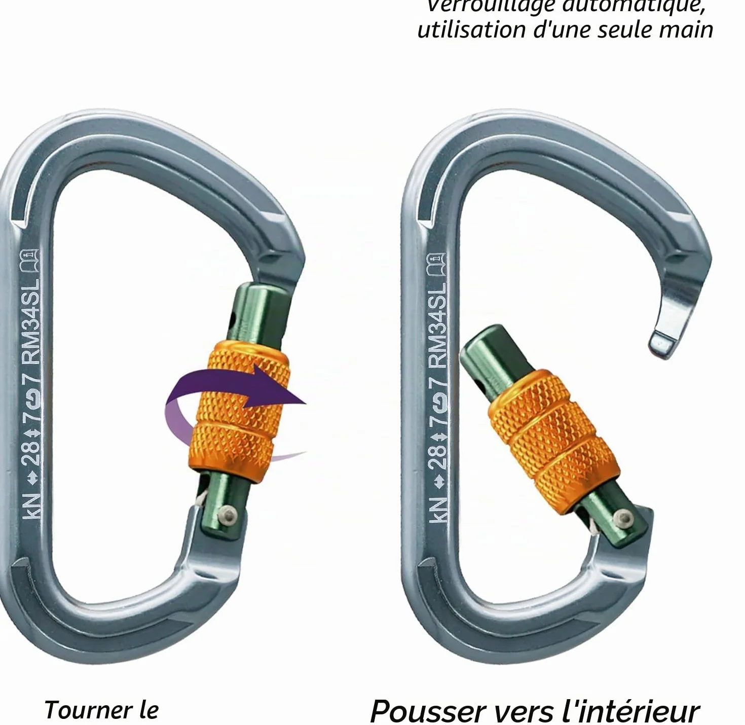 Mousquetons Escalade Verrouillage Automatique Aluminium CE 2 Pièces
