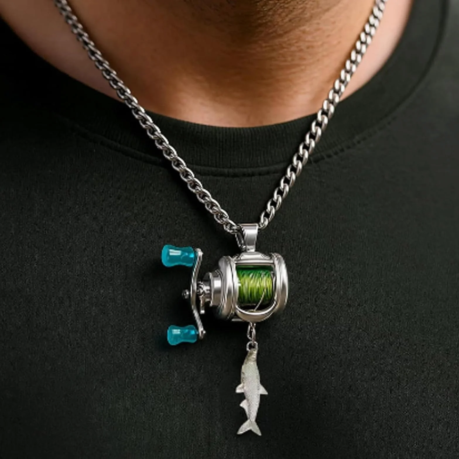 Mini collier moulinet pêche, ensemble bijoux moulinet, pendentif bras bascule, anneau rotatif