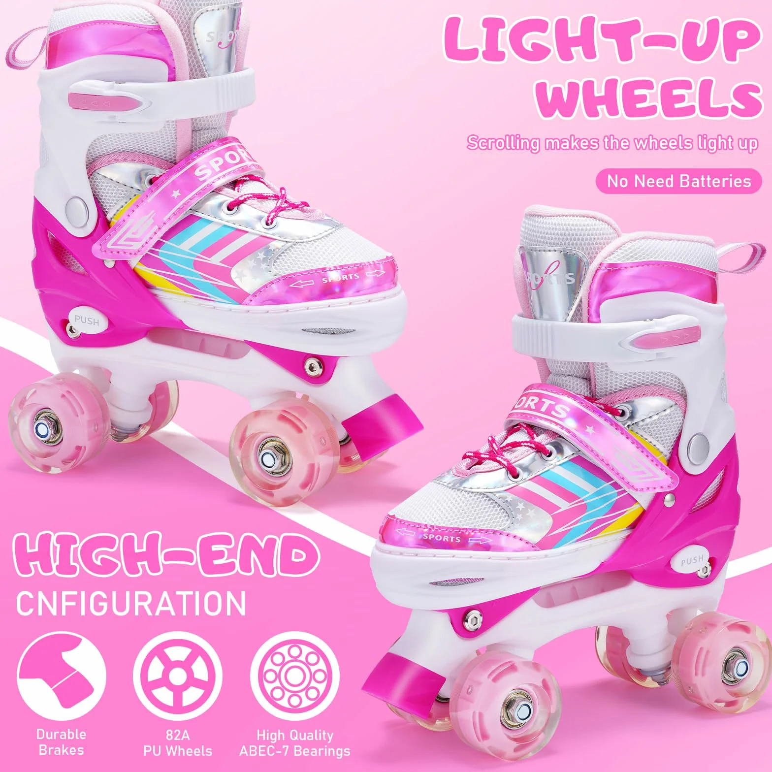 Rollers Enfant Fille Patins à roulettes 4 Taille réglable Light up Wheels Filles Garçons