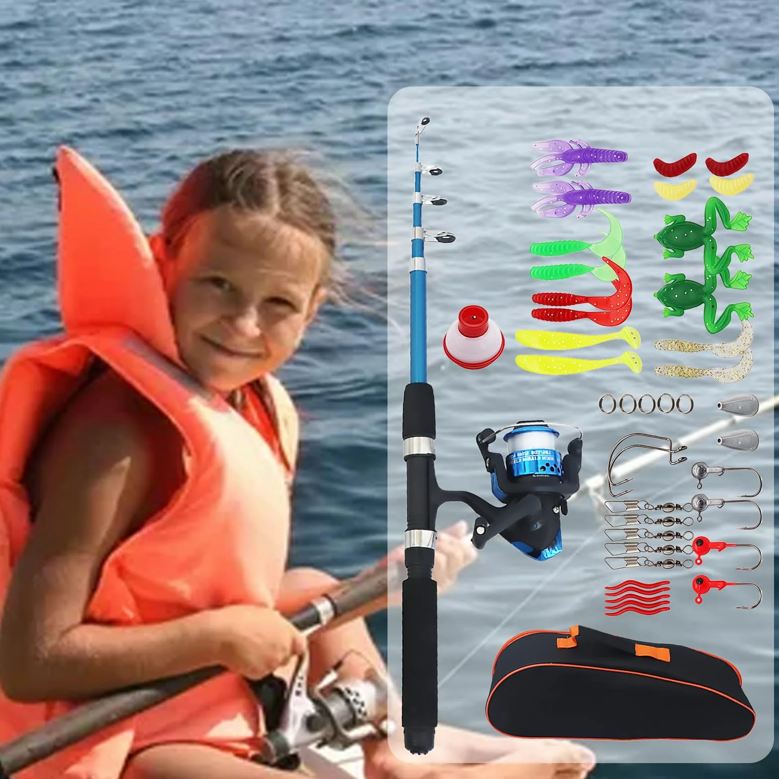 Kit de Canne à Pêche pour Enfants 150cm avec Moulinet et Leurres, Ensemble Complet avec Sac de Transport
