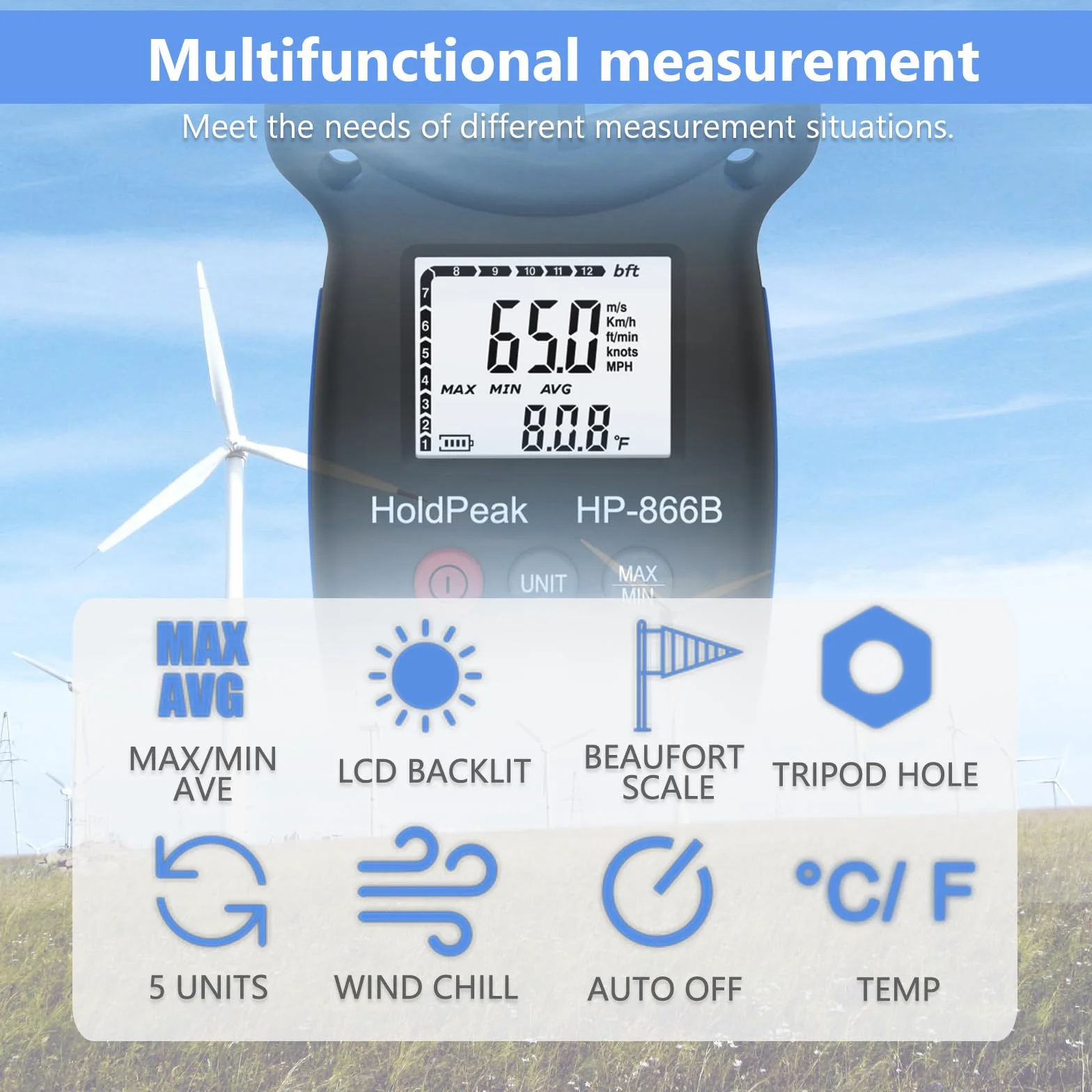 HOLDPEAK Anémomètre portable compteur de vitesse du vent avec rétroéclairage max/min/moyenne