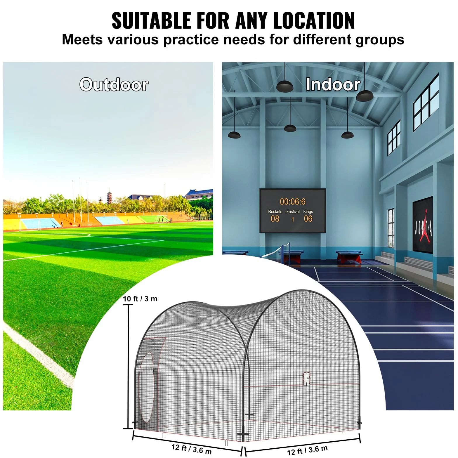 VEVOR Cage de Frappeur 3,6x3,6x3 m Filet d'Entraînement Baseball Softball Poteaux Fibre de Verre Portable