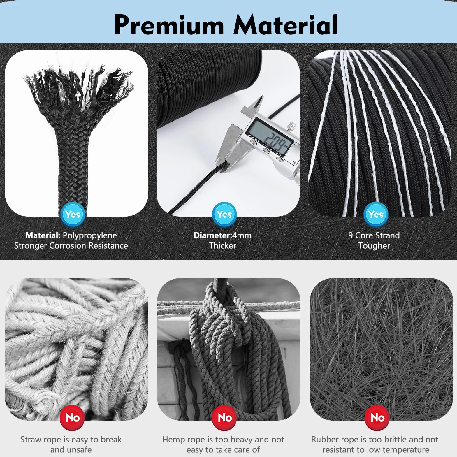Romon Paracorde 4mm 550 9 Brins Nylon Tente Rope Survie Extérieur 250kg Charge Rupture Noir 50m