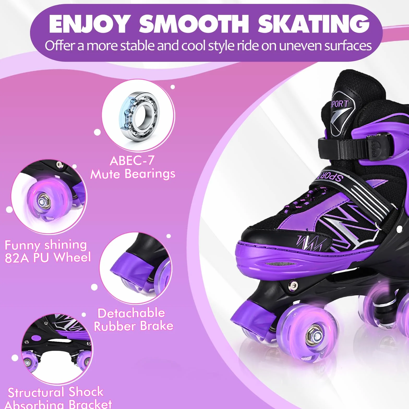 Patins à roulettes Enfants 4 Tailles réglables Roues Lumineuses Violet Blanc Quad Sport