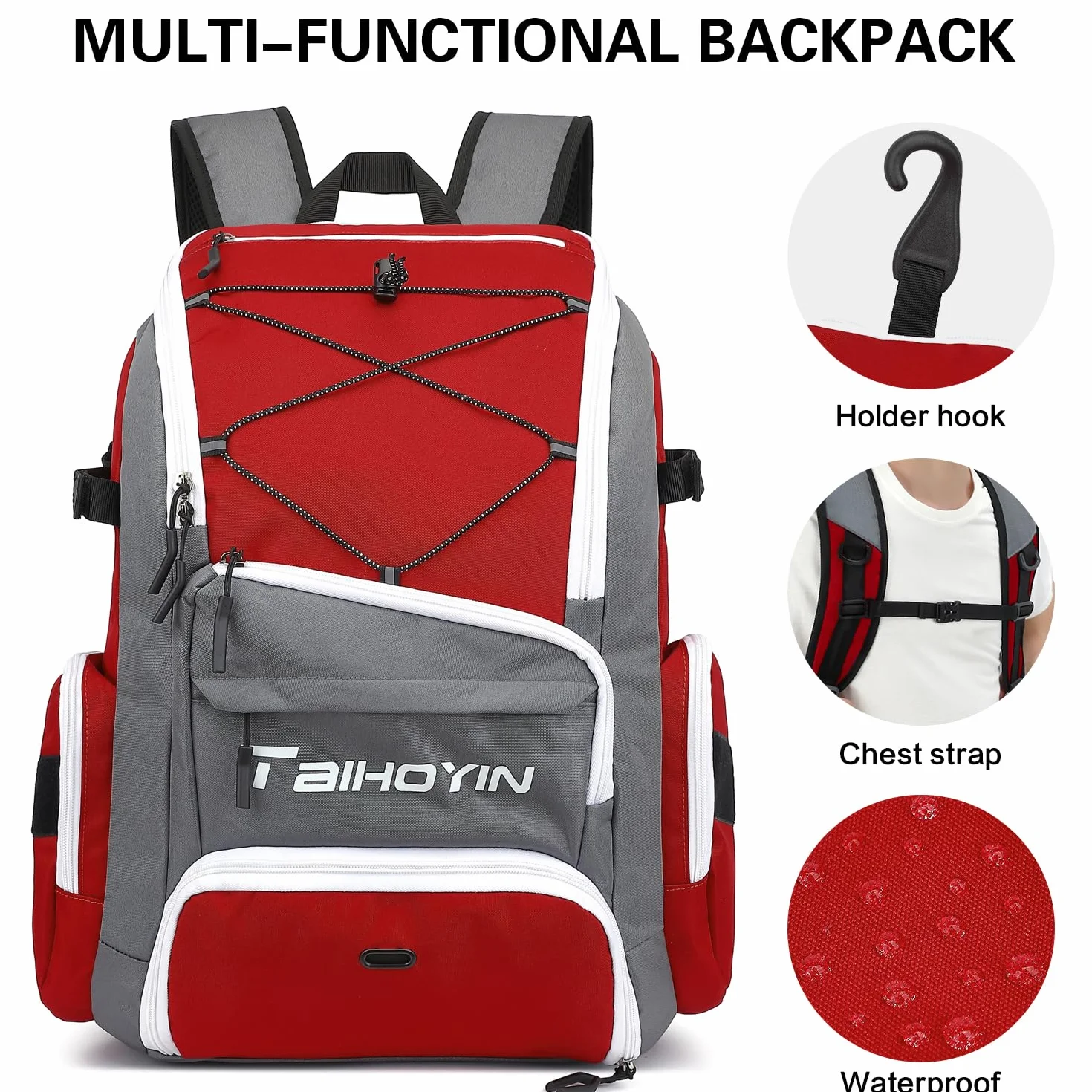 Sac à dos de baseball pour équipement, batte, gants, casque et accessoires, grand compartiment principal