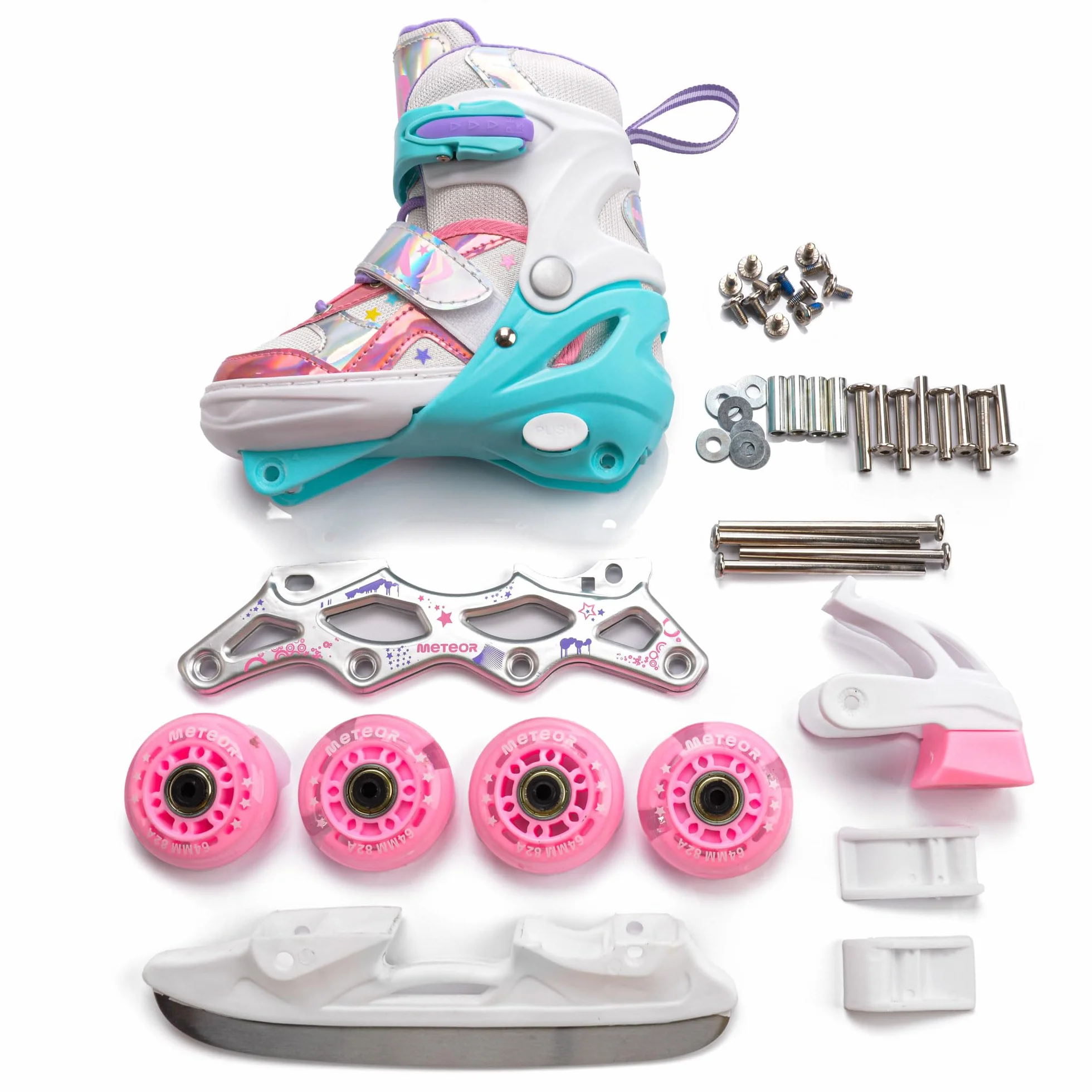 Patins à roulettes Enfants 4 en 1 réglables 25-37 Rollers quads Glace Coque Haute Stable Roues PU ABEC-7 Meteor