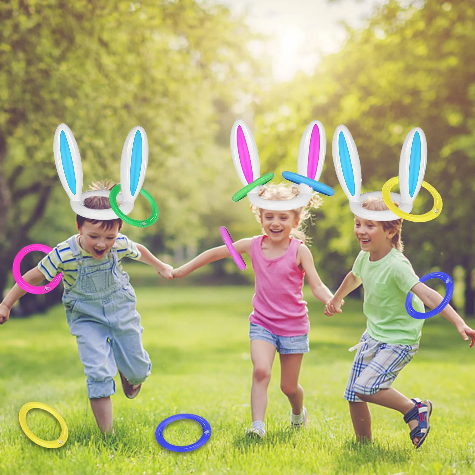 Lot de 2 Jeux de Lancer d'Anneaux Gonflables Oreilles de Lapin 8 Anneaux 1 Pompe Fête Enfants Famille