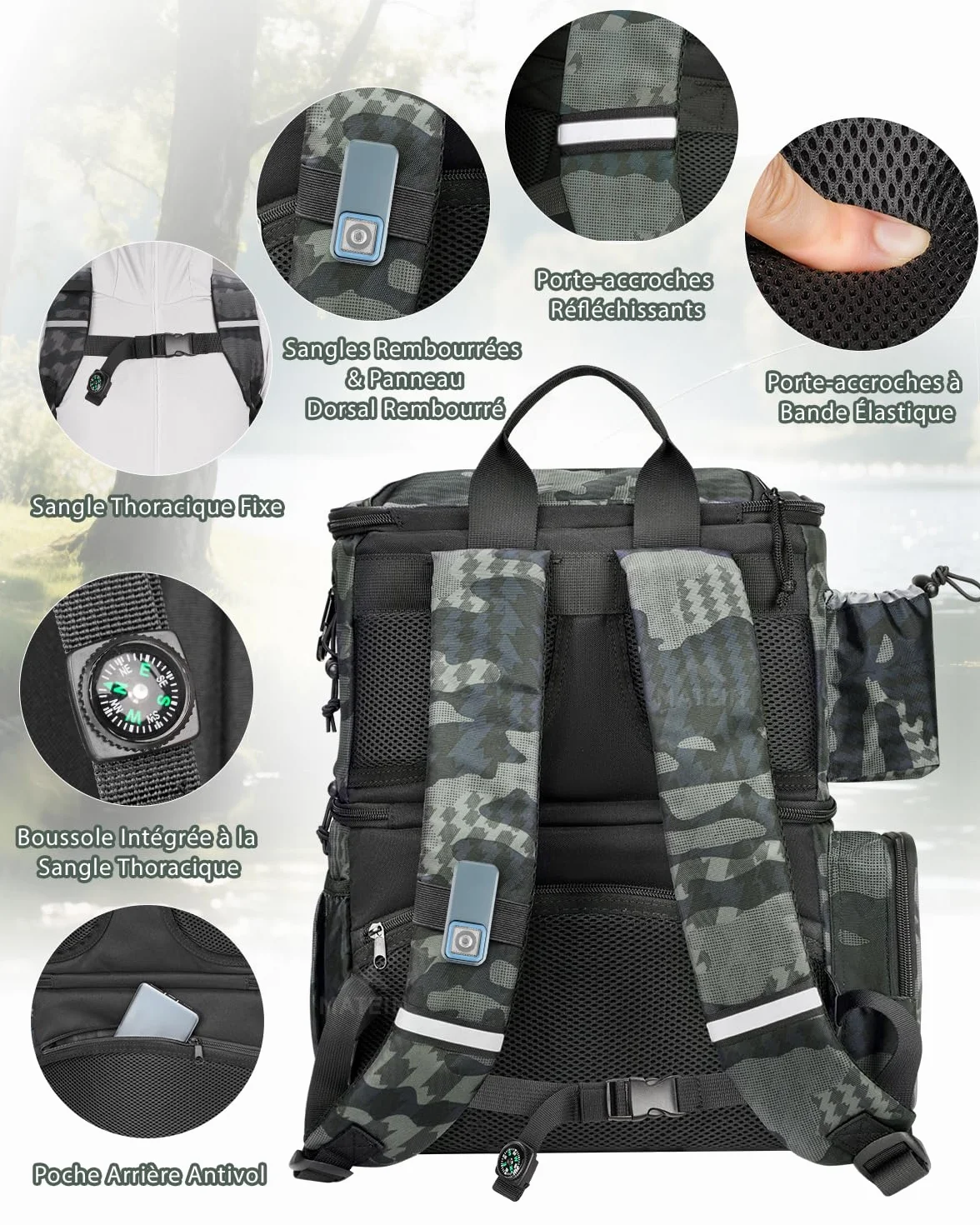 MATEIN Sac de Pêche Étanche avec 4 Boîtes de Rangement, Porte-Canne, Compartiment Isotherme, Camouflage