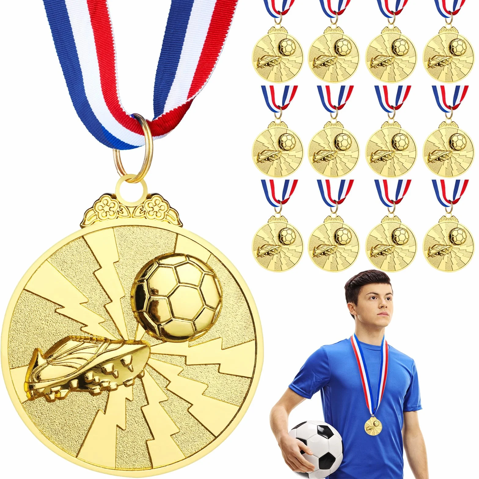Médaille d'or avec Colliers 12 Pièces pour Enfants Football Match, Médailles Vainqueur Sport Métalliques (Style Éclair)