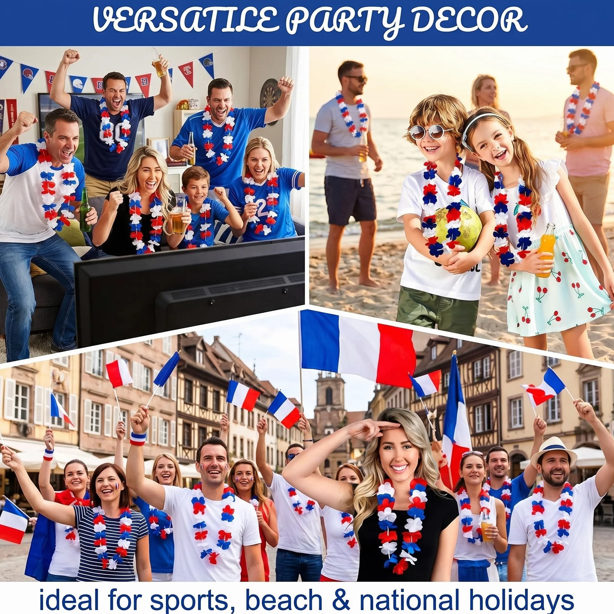 Colliers Hawaïens Bleu Blanc Rouge 96cm Lot de 6 Polyester pour Matchs de Football France