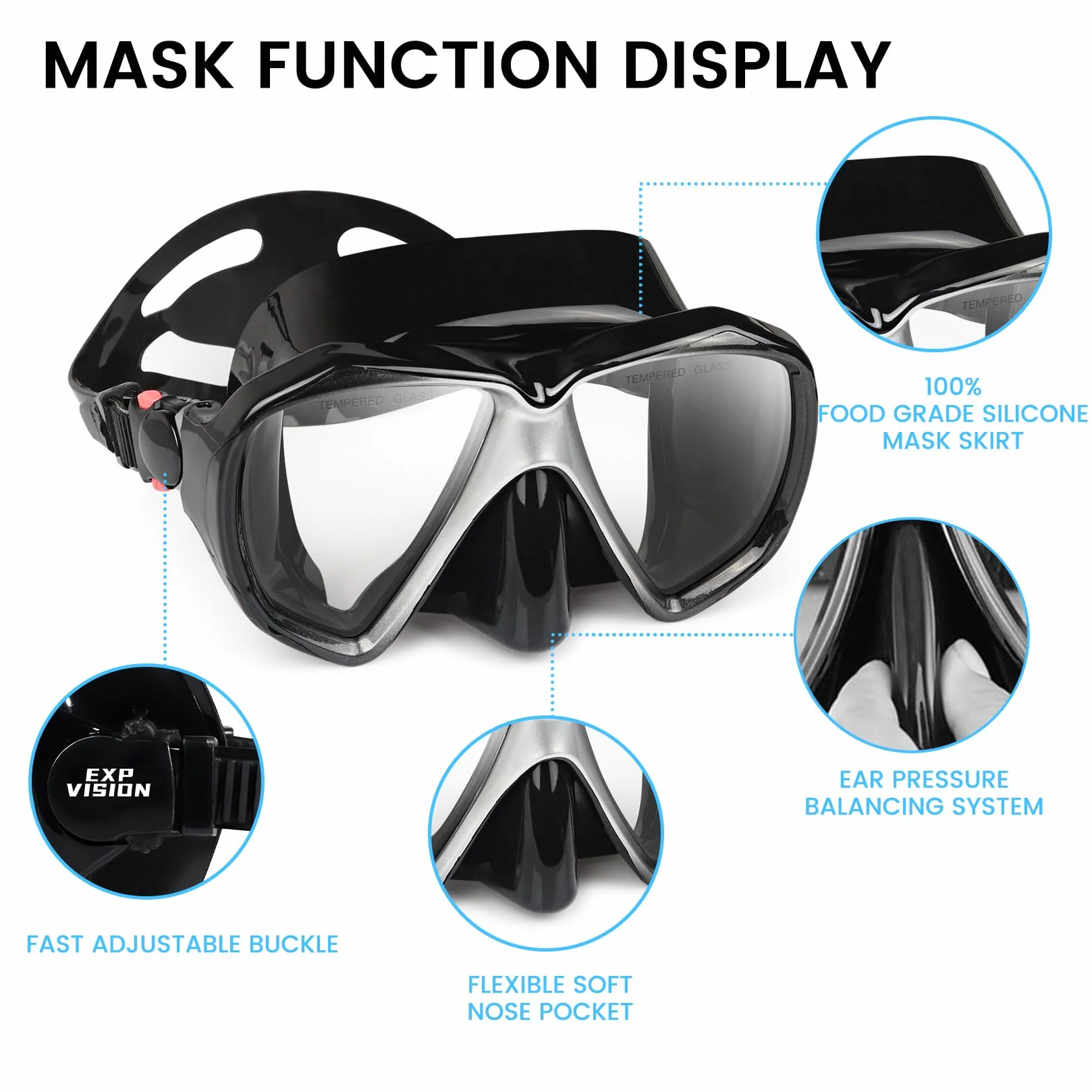 Masque de plongée HD 180° Vue Panoramique Anti-Buée Anti-Fuite pour Adultes Enfants