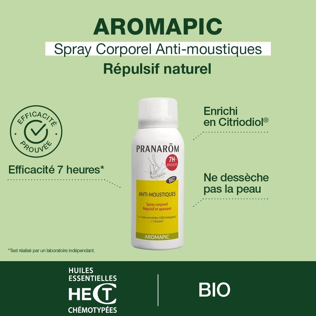 Pranarôm Aromapic Spray Corps Anti-Moustique Bio 75 ml Huiles Essentielles Naturelles