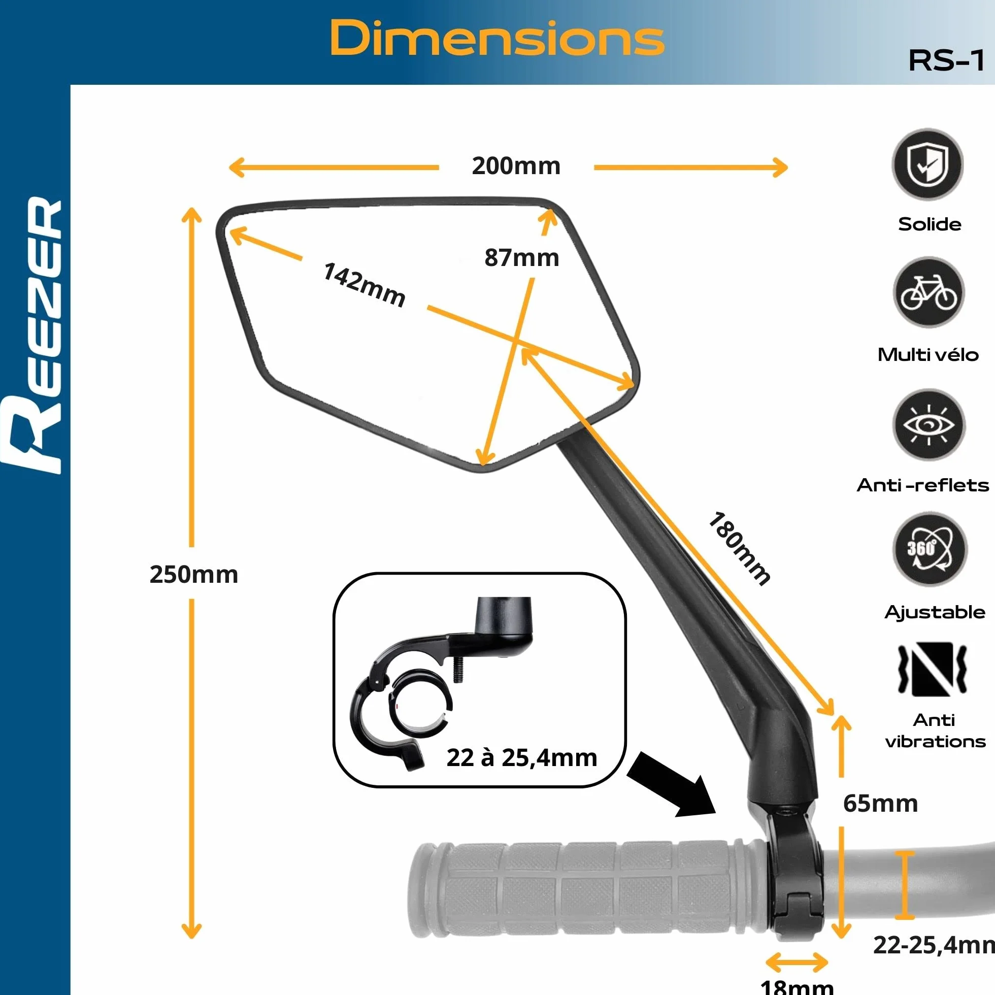REEZER RS1 Rétroviseur Vélo Trottinette Électrique Réglable 360° Droit 22-25,4mm