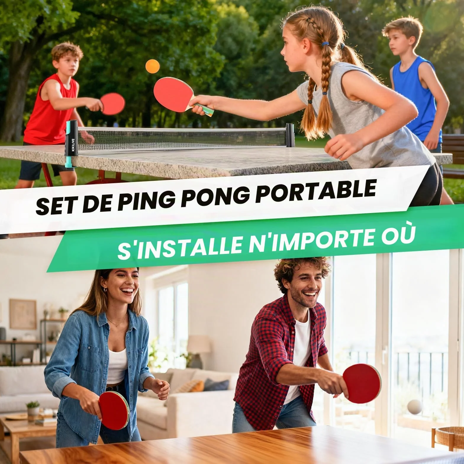 Set de Tennis de Table Portable avec Filet Extensible, 2 Raquettes, 6 Balles et Sac de Transport