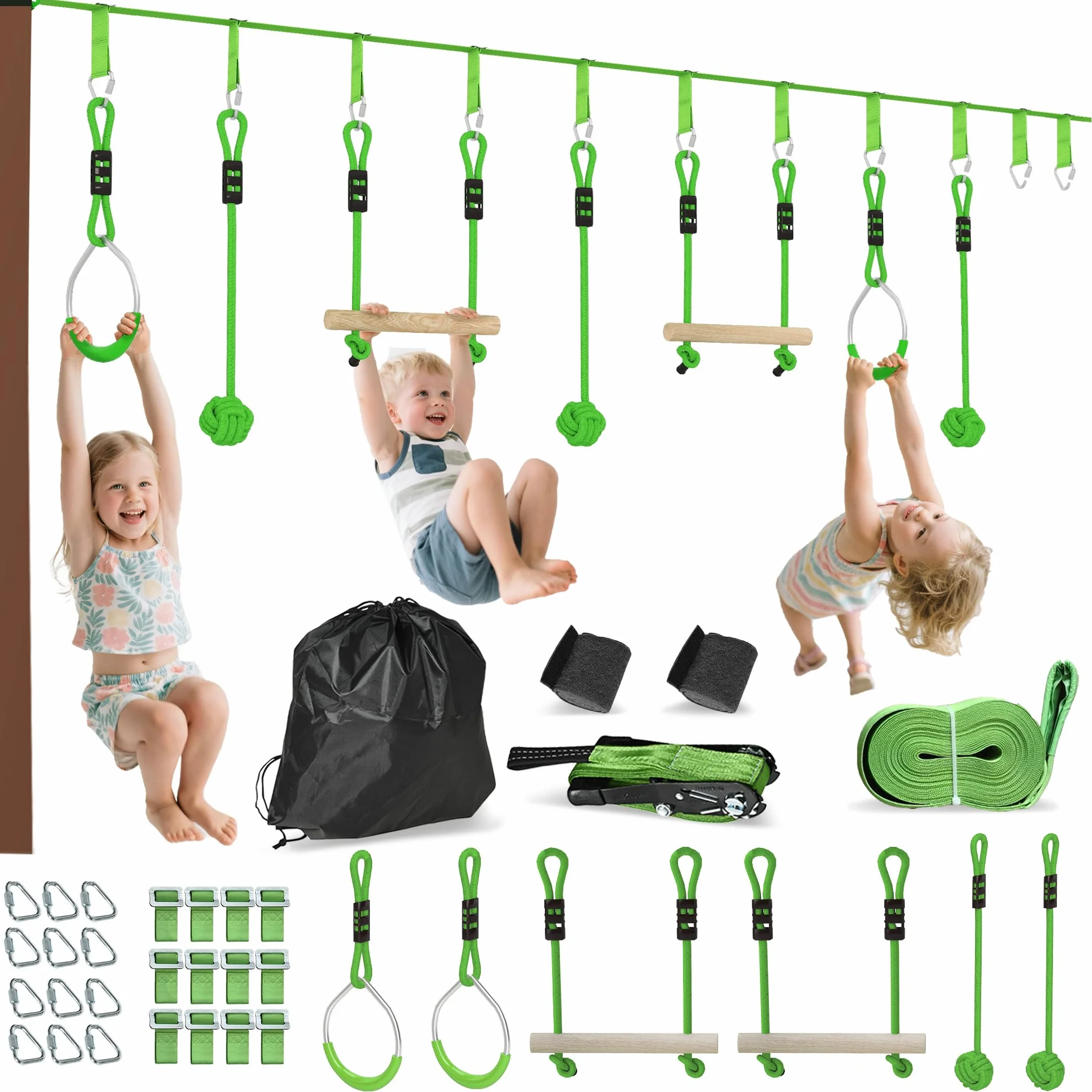 AIYAPLAY Parcours d'obstacles Ninja pour Enfants 10 m 50 kg Slackline Sac de Transport Bois de Sapin PP Vert