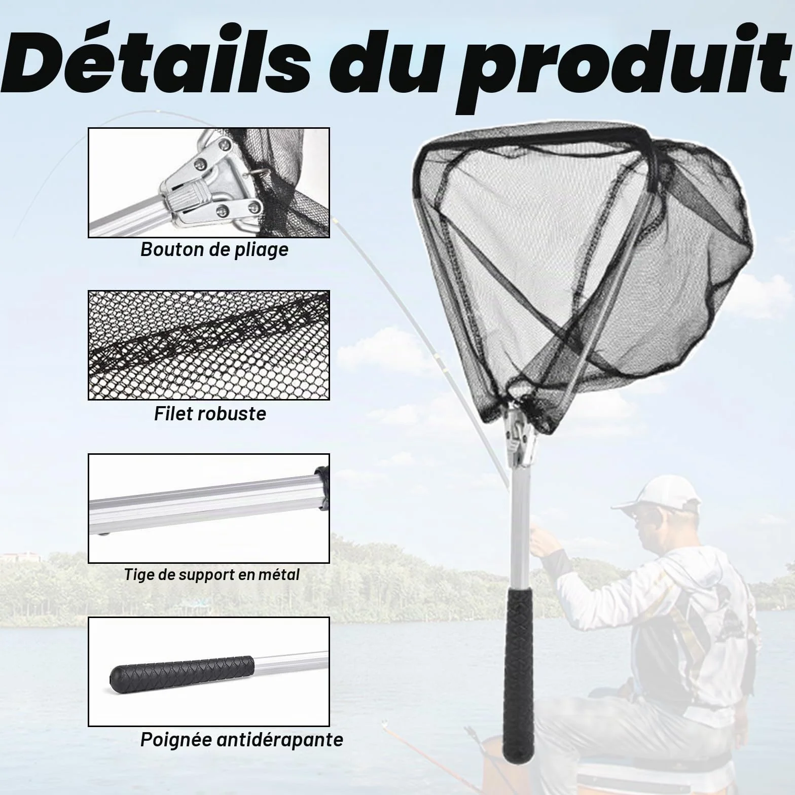 Épuisette de Pêche Pliable 30 x 30 cm Profondeur 20 cm Poignées Antidérapantes Filet en Nylon Portable