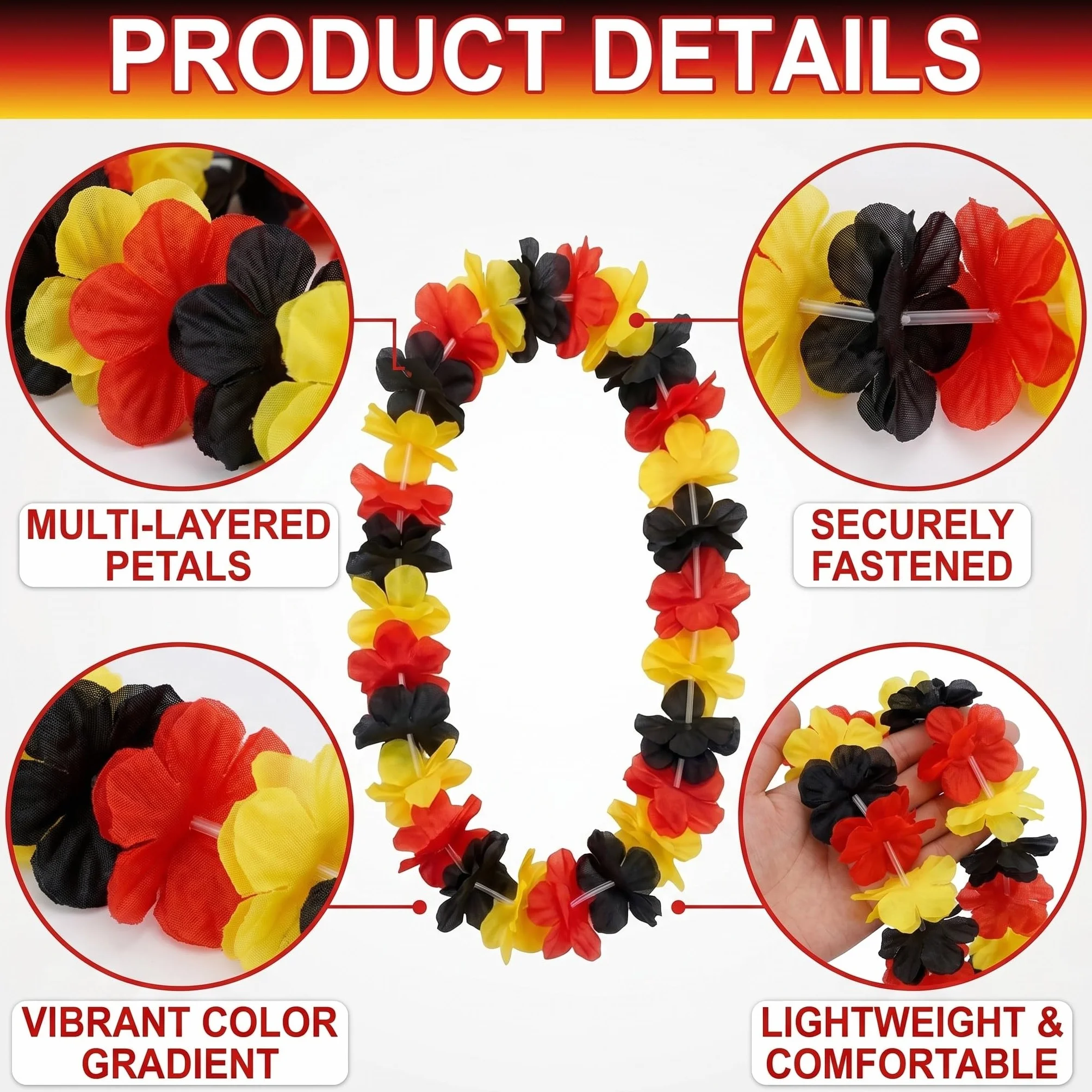 Lot de 3 Sets Collier Hawaien Fleurs Noir Rouge Jaune 12 Pièces Accessoire Supporter Football