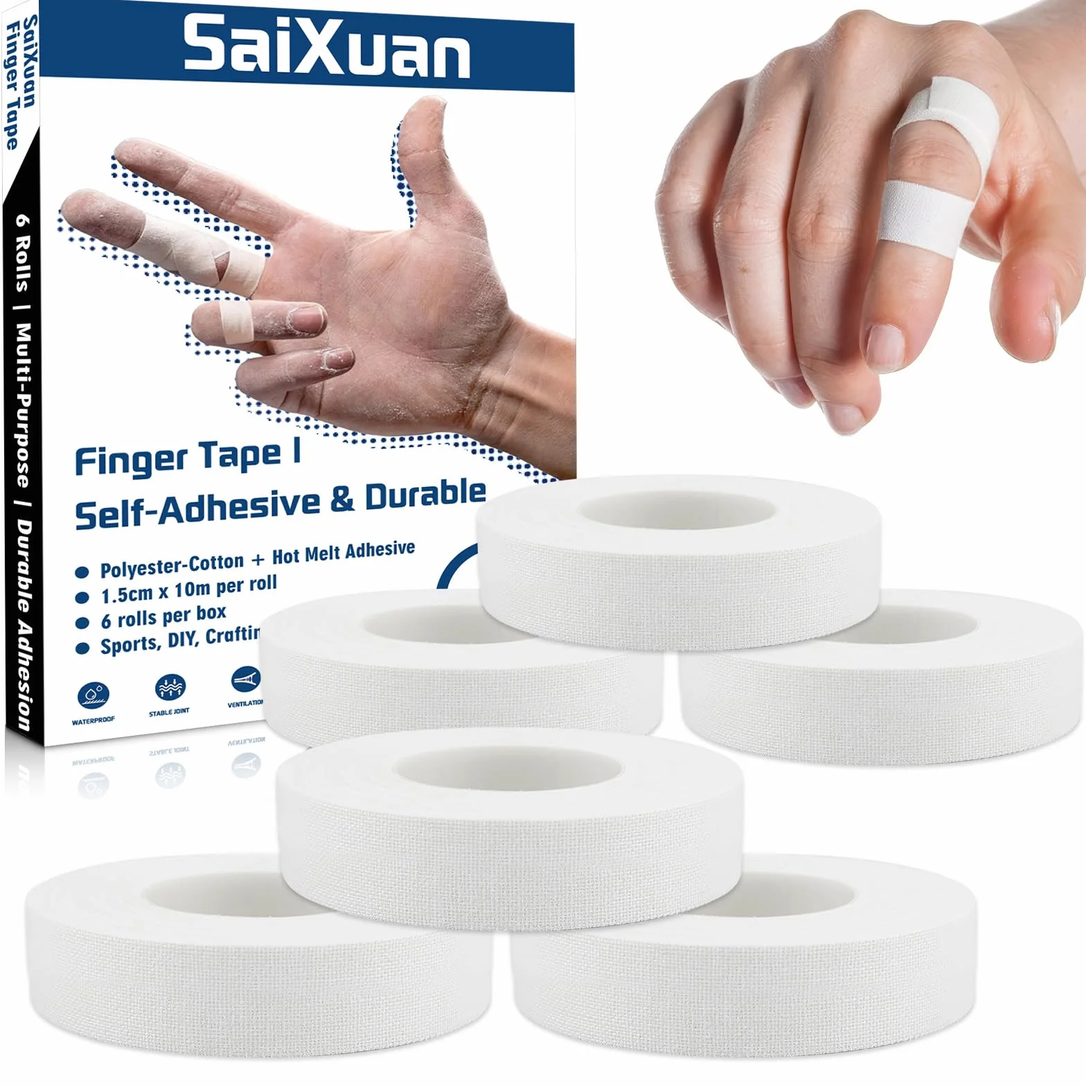 Tape pour Doigts Antidérapante Pack de 6 Strap Doigt 1,5 cm x 10 m pour Grip Tattoo Escalade Volleyball Basket-Ball Handball Blanc