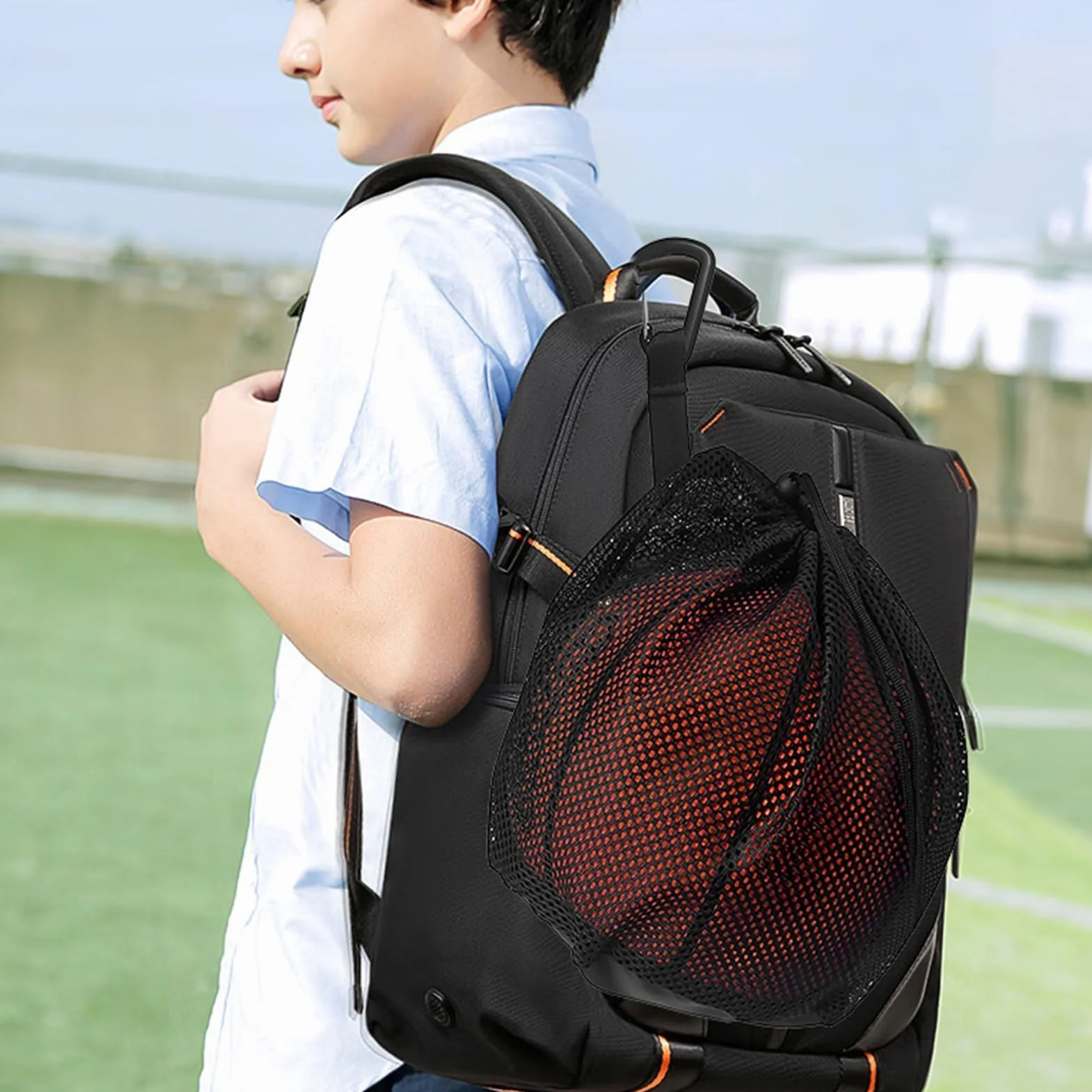 Sac à Ballon Portable avec Filet pour Basket-Ball, Football, Volleyball - Gris