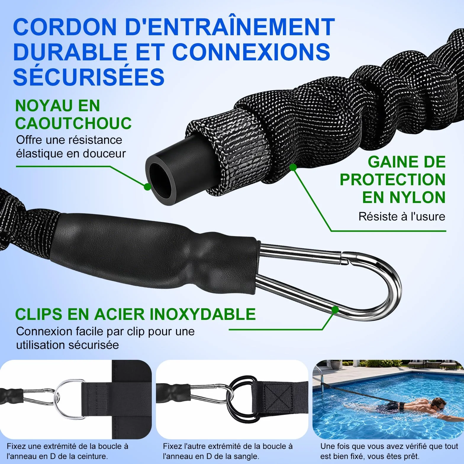 Laisse d'entraînement de piscine solide réglable de 2,5 à 7,5 m