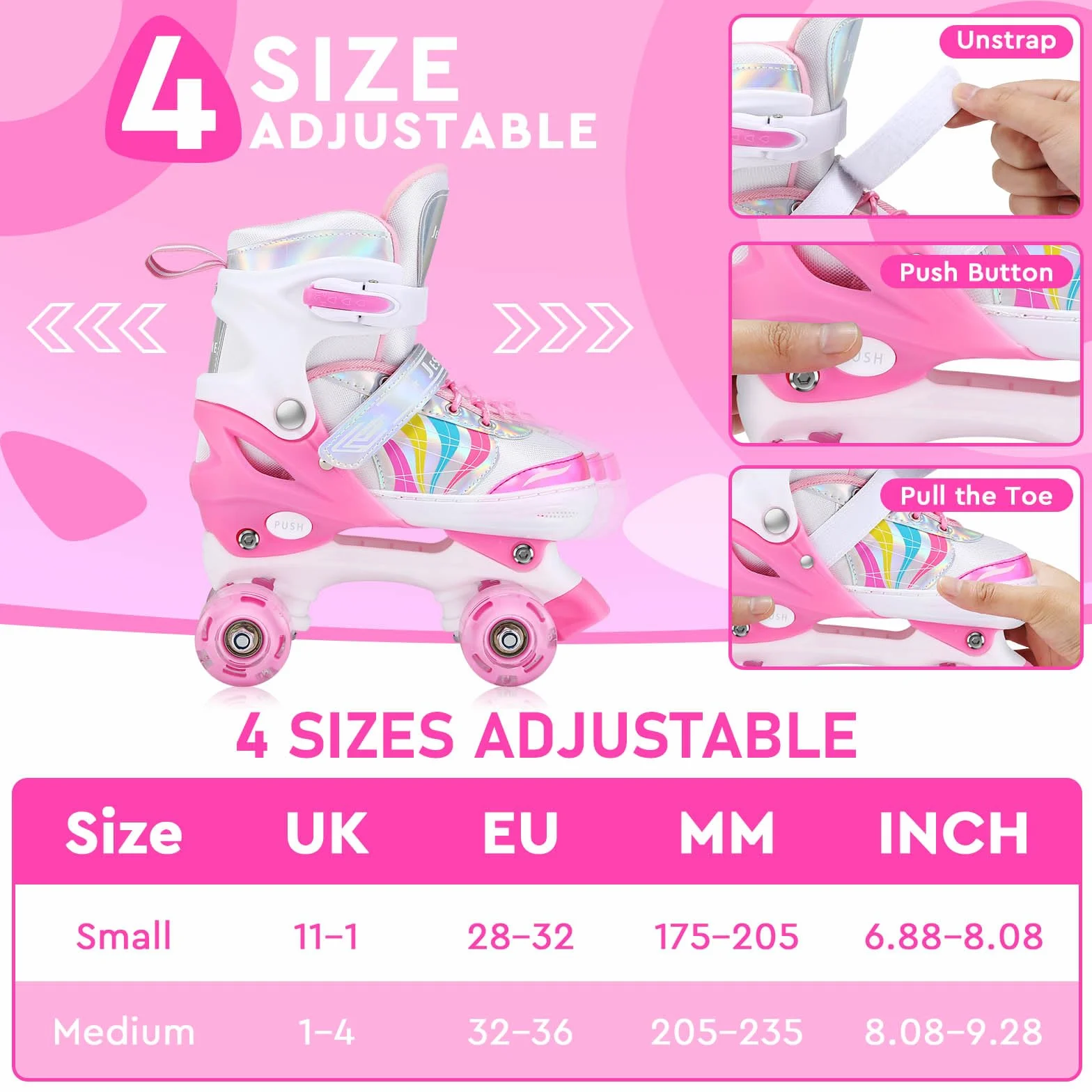 Roller Enfant Fille Patin à Roulettes Quad Taille Réglable Roues Lumineuses