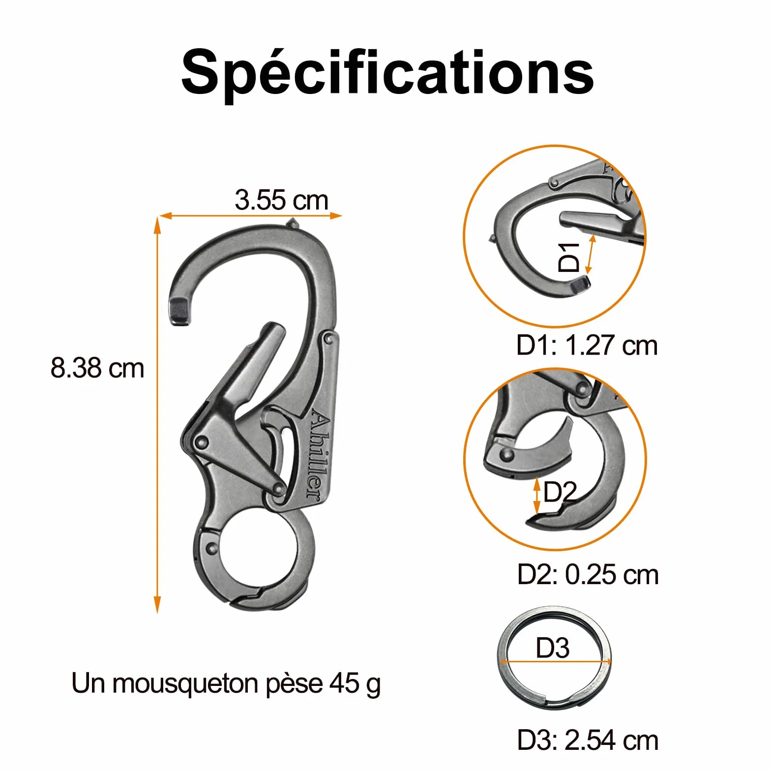 Ahiller Mousqueton Porte-Clés 7,6cm Double Verrouillage Alliage Robuste Pointe Acier Tungstène Camping Randonnée Survie