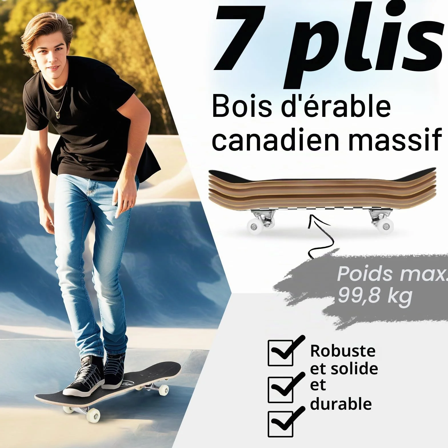 BELEEV Skateboard 31x8 Complet Cruiser Débutants Enfants Adulte Érable Canadien 7 Couches Double Plateau Concave Outil en T
