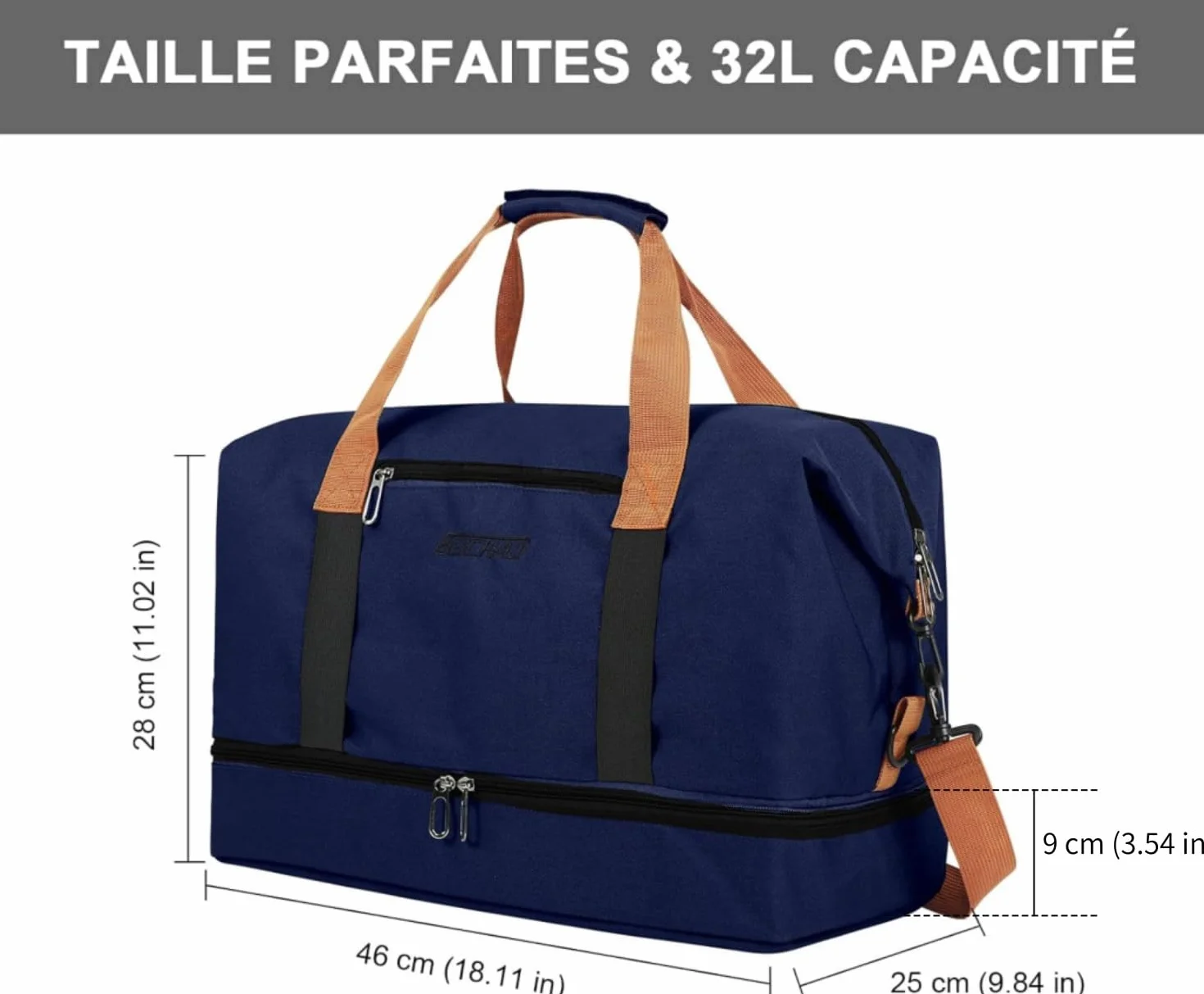 Sac de Weekend Homme Imperméable 32,2 L, Grand avec Compartiment à Chaussures Poche Humide, Bleu