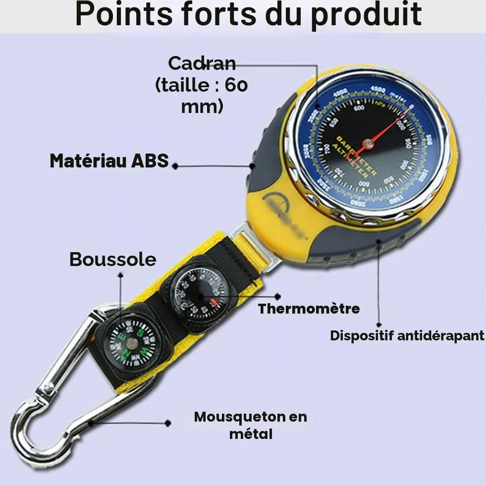Altimètre 4 en 1 multifonction avec boussole thermomètre baromètre mousqueton pour randonnée extérieur