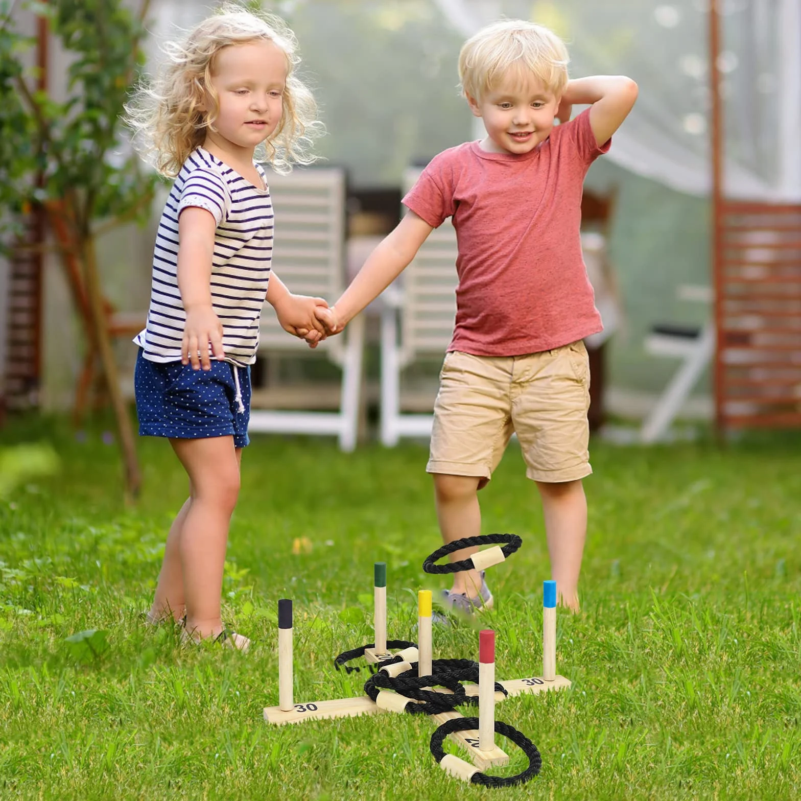 Jeu de lancer d'anneaux en bois avec 5 anneaux en nylon et 5 barres colorées
