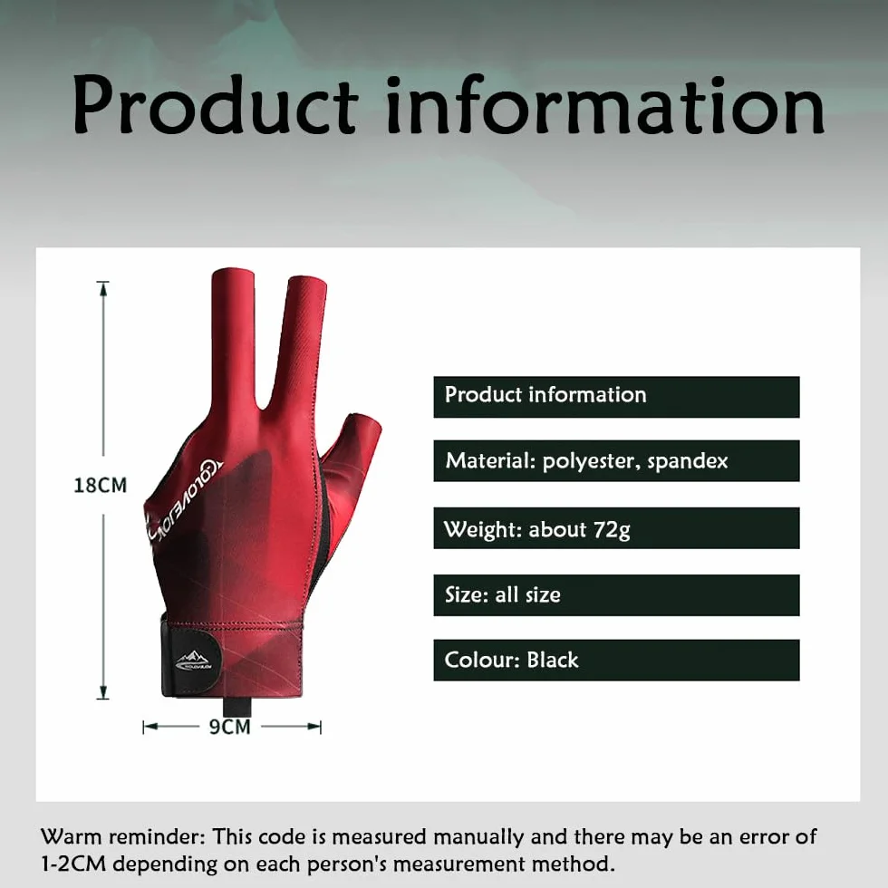 Gants de Billard 3 Doigts Snooker pour Main Gauche Professionnel Accessoires Homme Femme